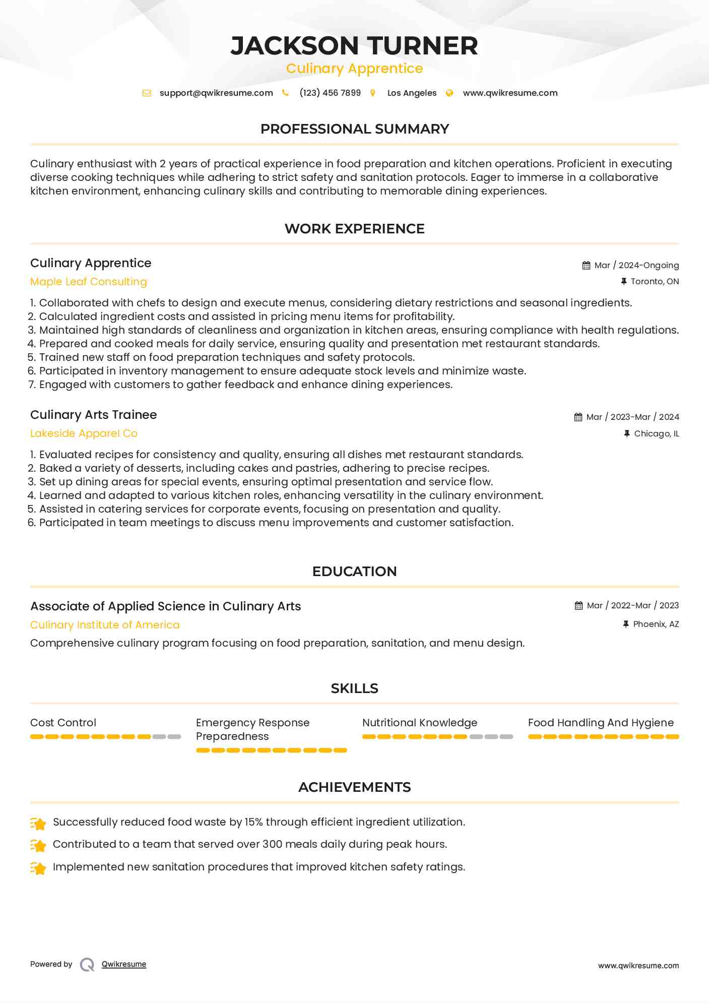 Culinary Arts Trainee Resume Samples QwikResume