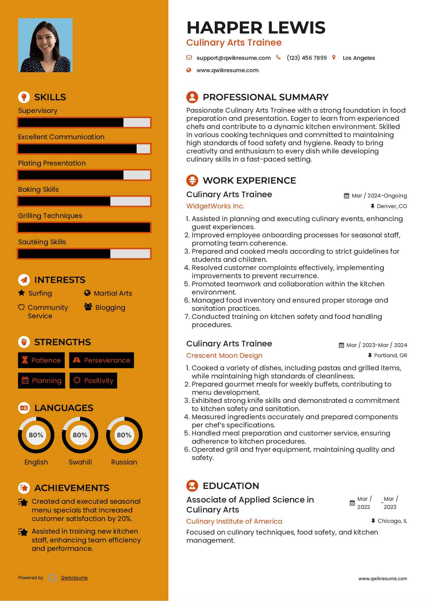 Culinary Arts Trainee Resume Model