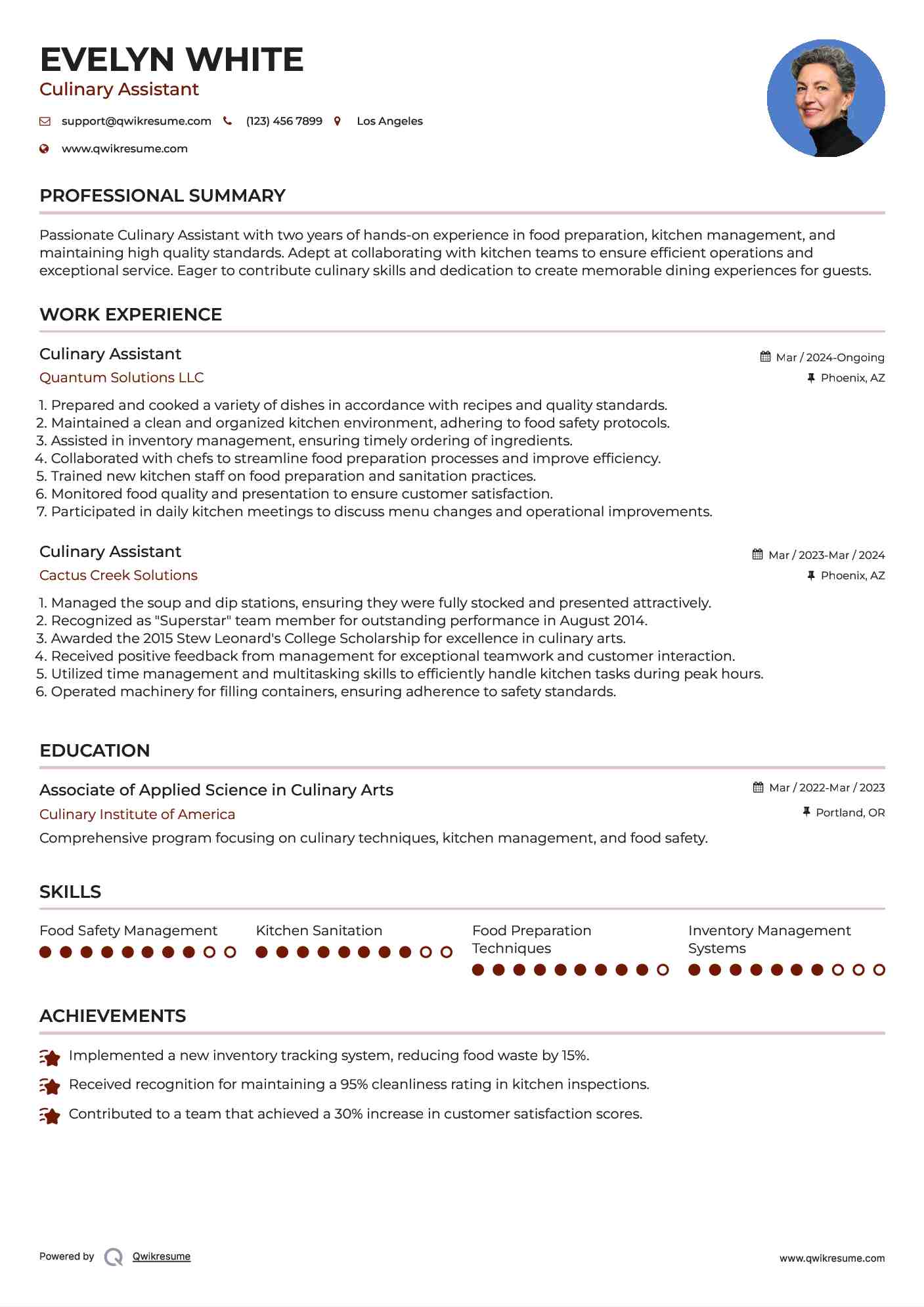 Culinary Assistant Resume Model
