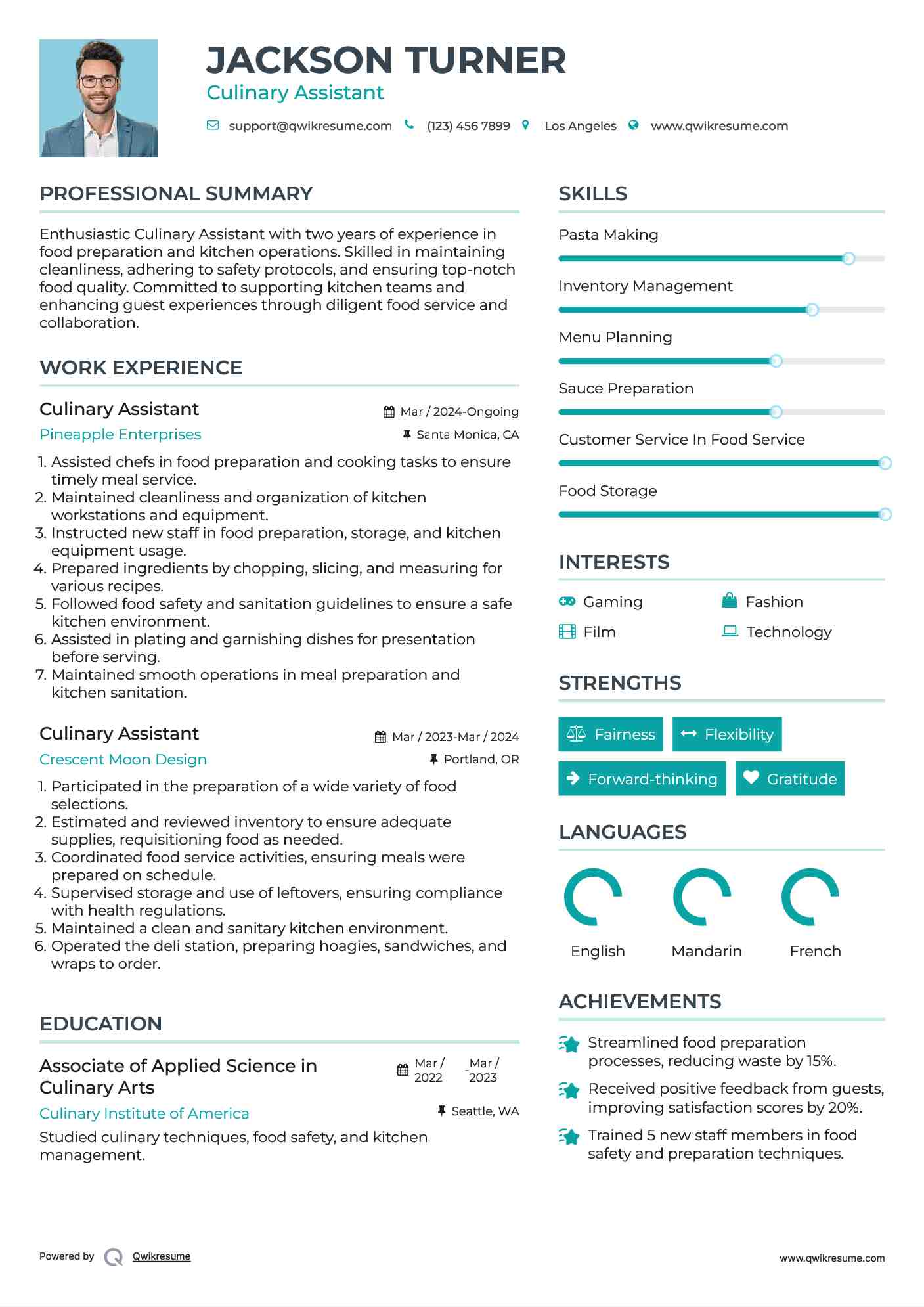 Culinary Assistant Resume Sample