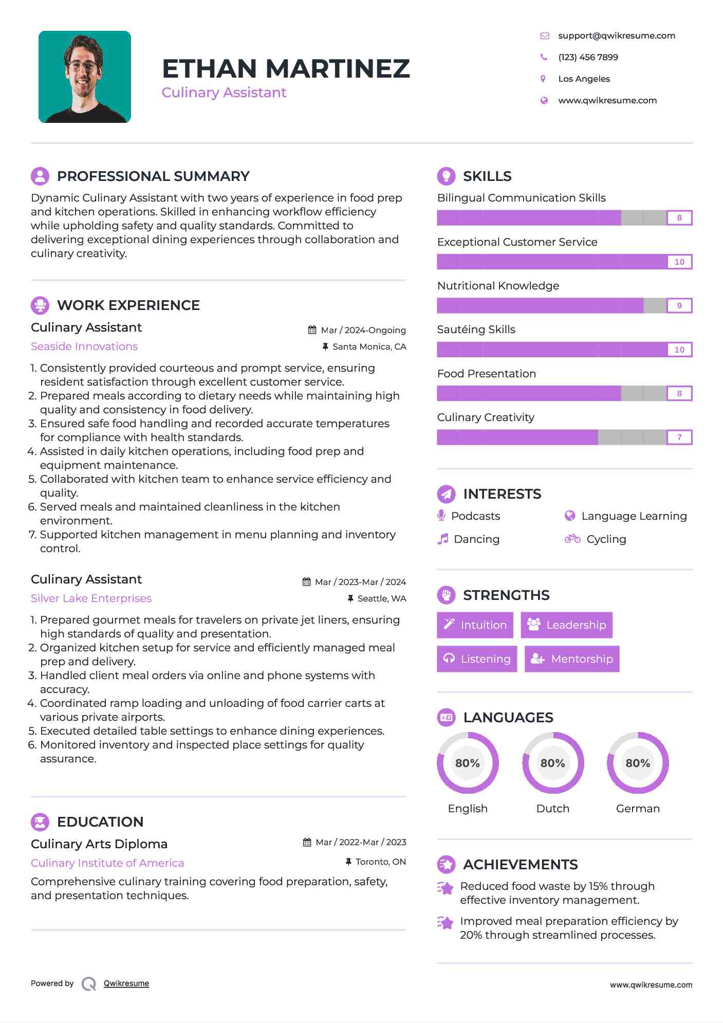 Culinary Assistant Resume Example