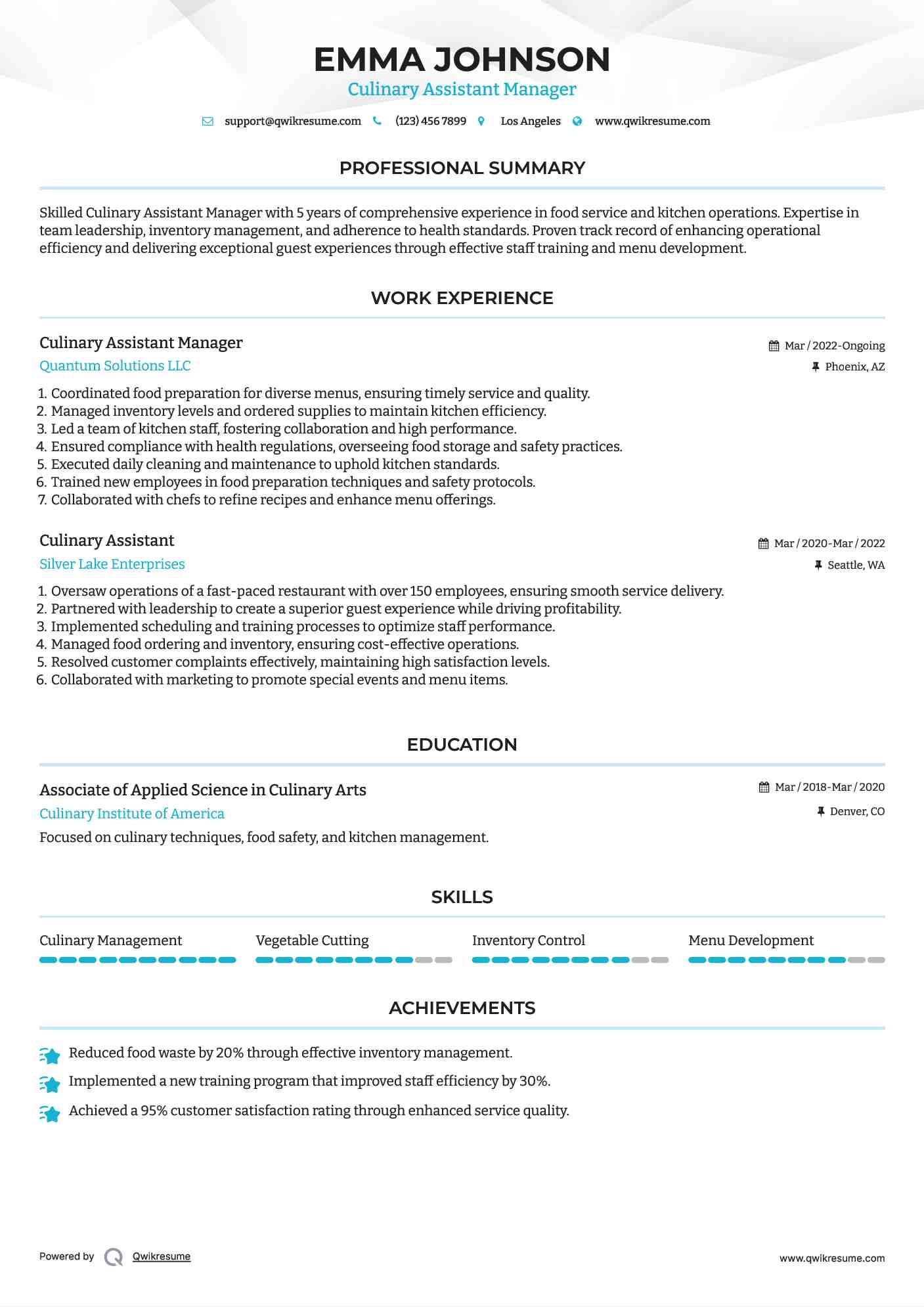Culinary Assistant Manager
 Resume Template