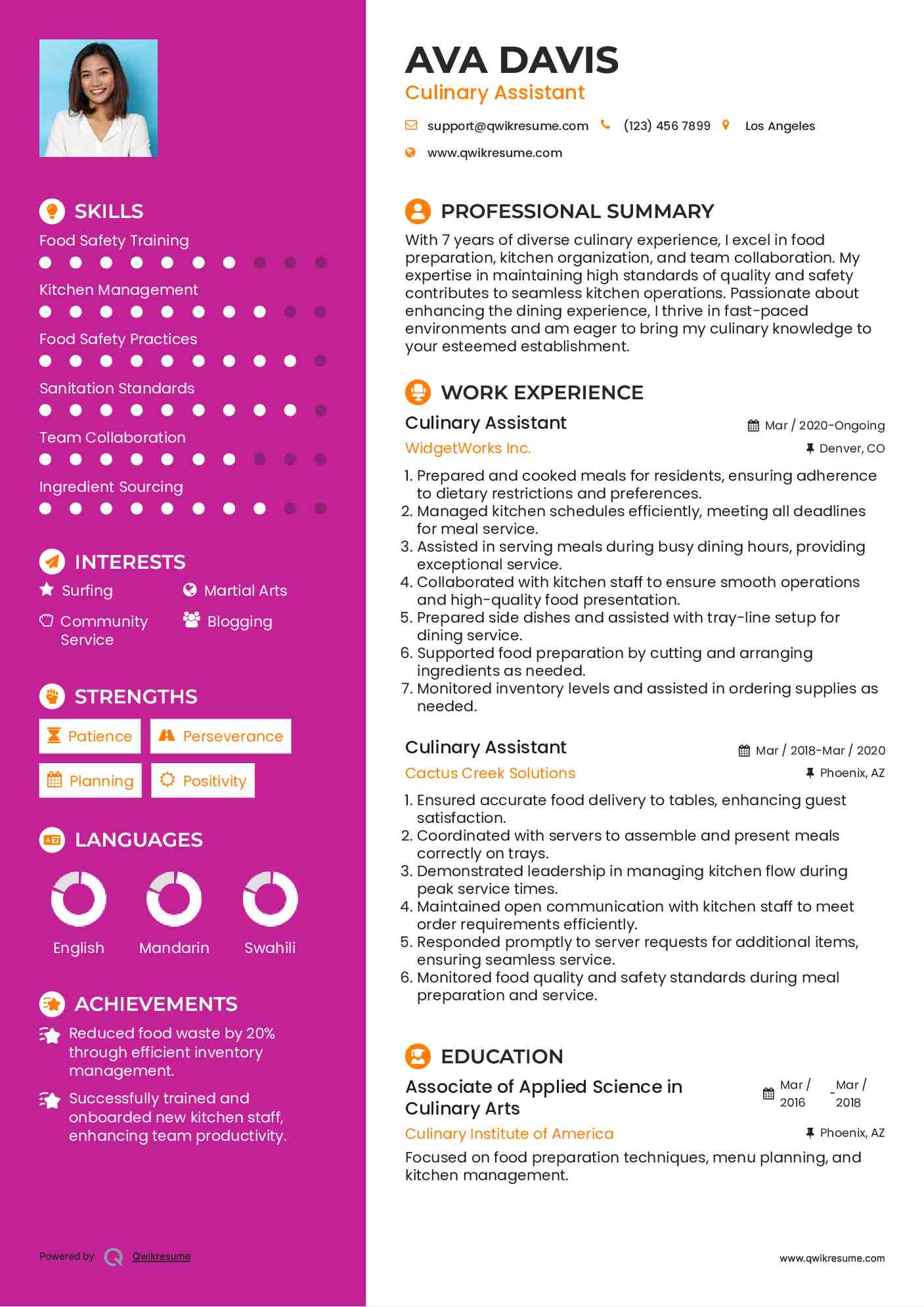 Culinary Assistant Resume Sample