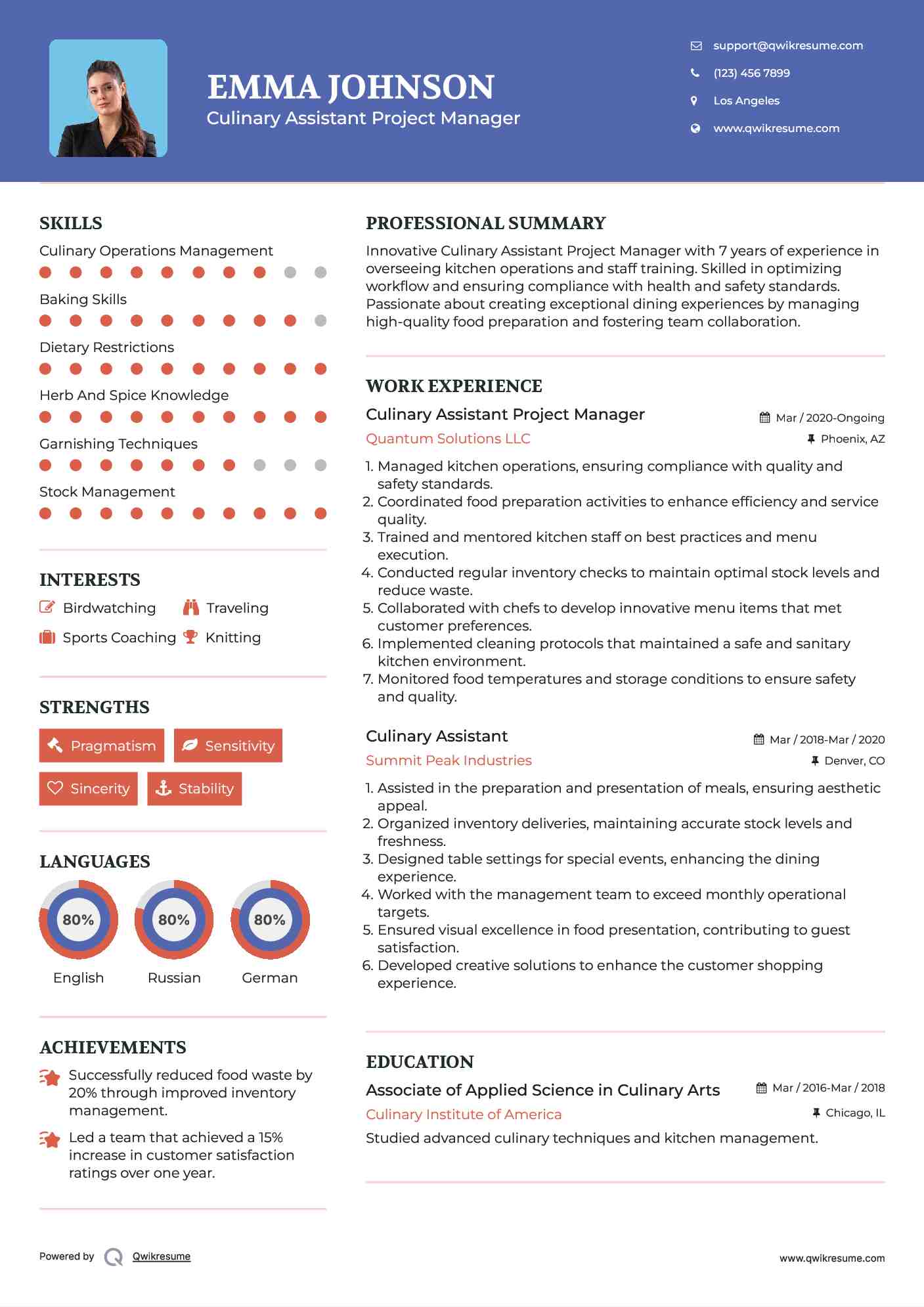 Culinary Assistant Project Manager
 Resume Model