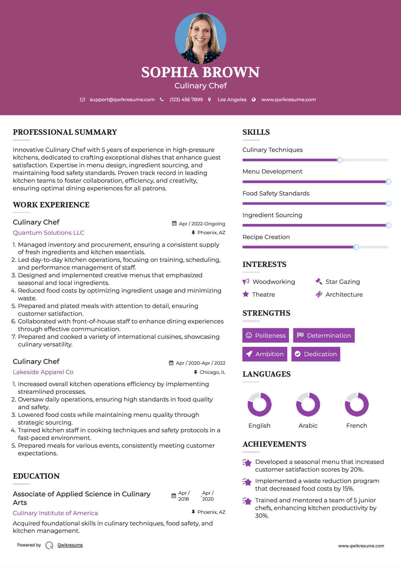 Culinary Chef Resume Sample