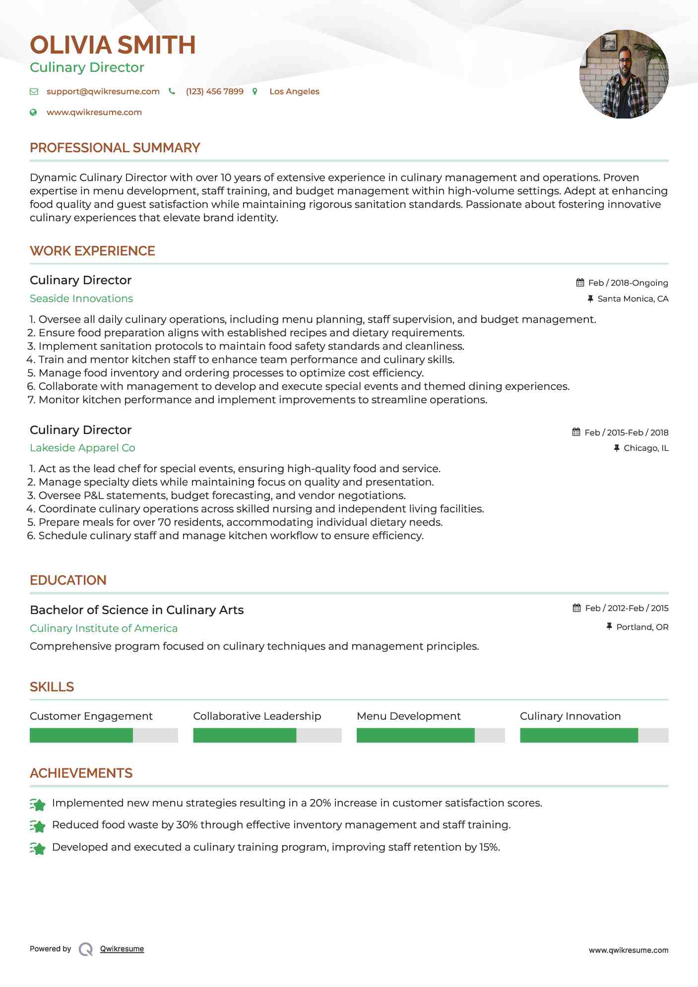 Culinary Director Resume Model