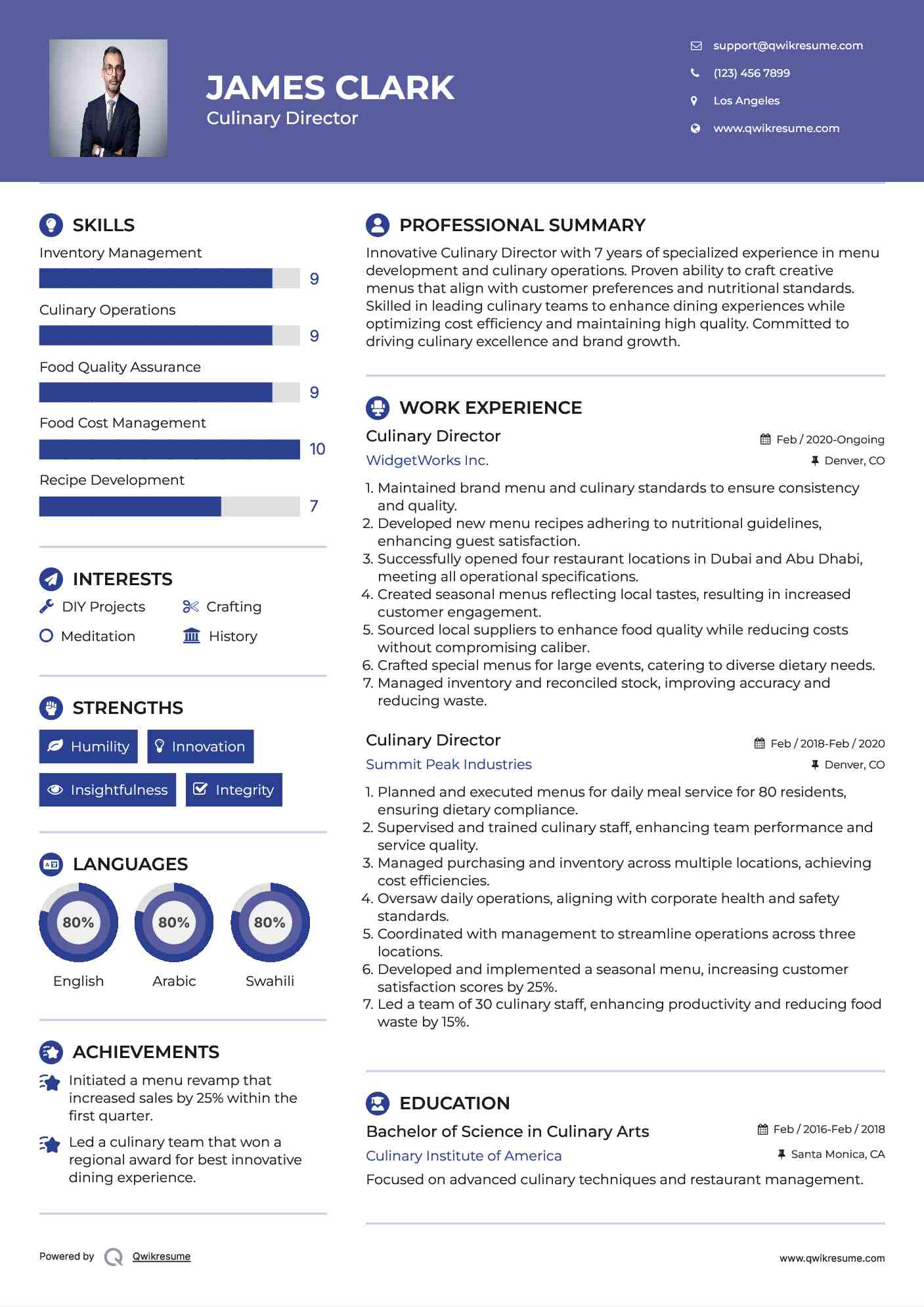 Culinary Director Resume Model