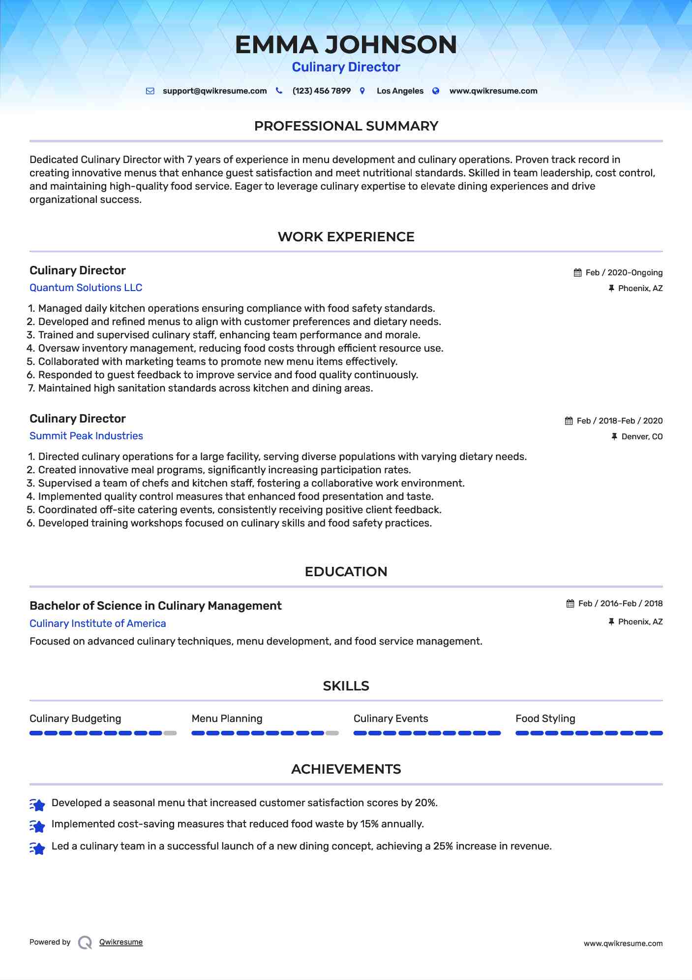 Culinary Director Resume Format