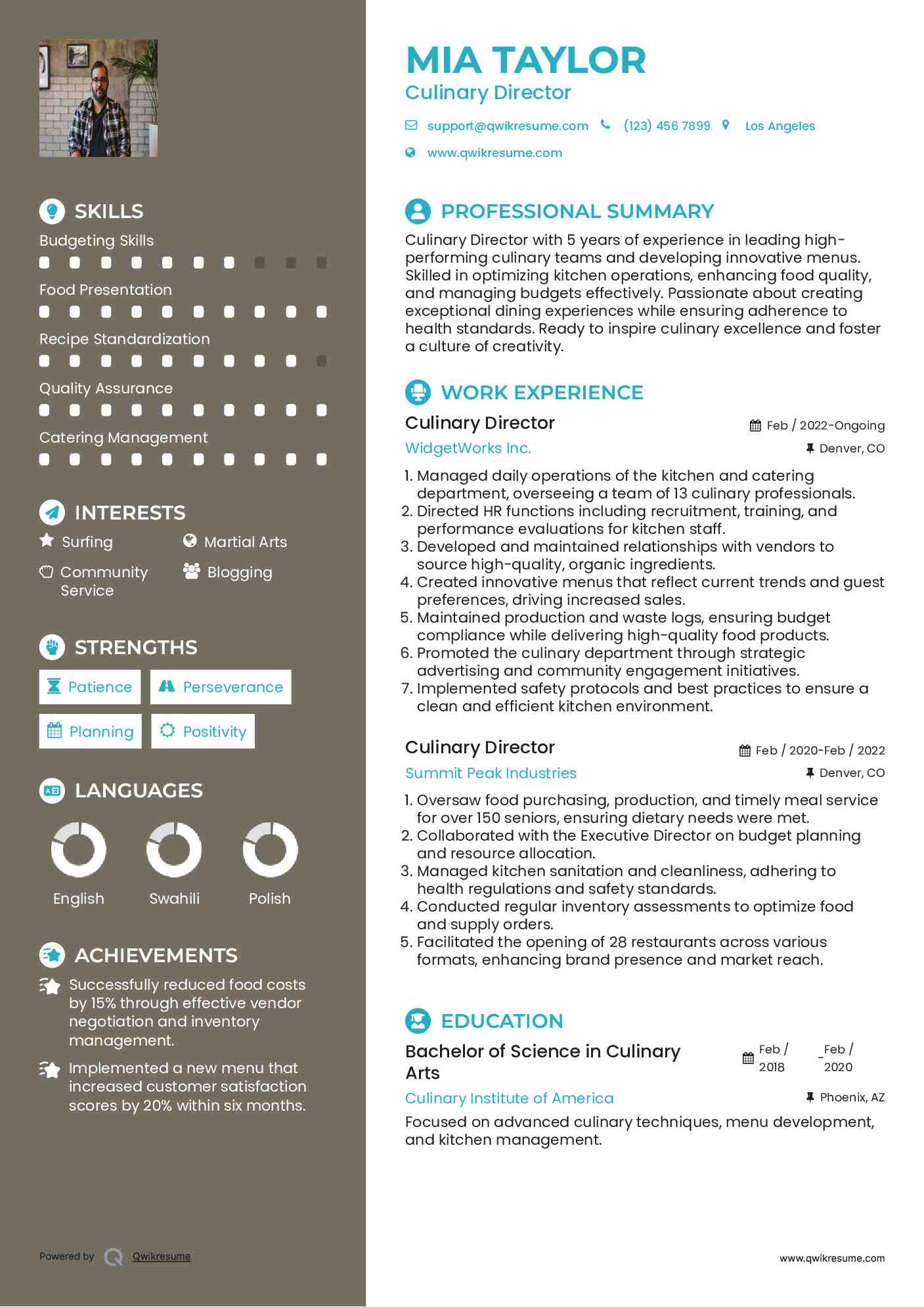 Culinary Director Resume Sample