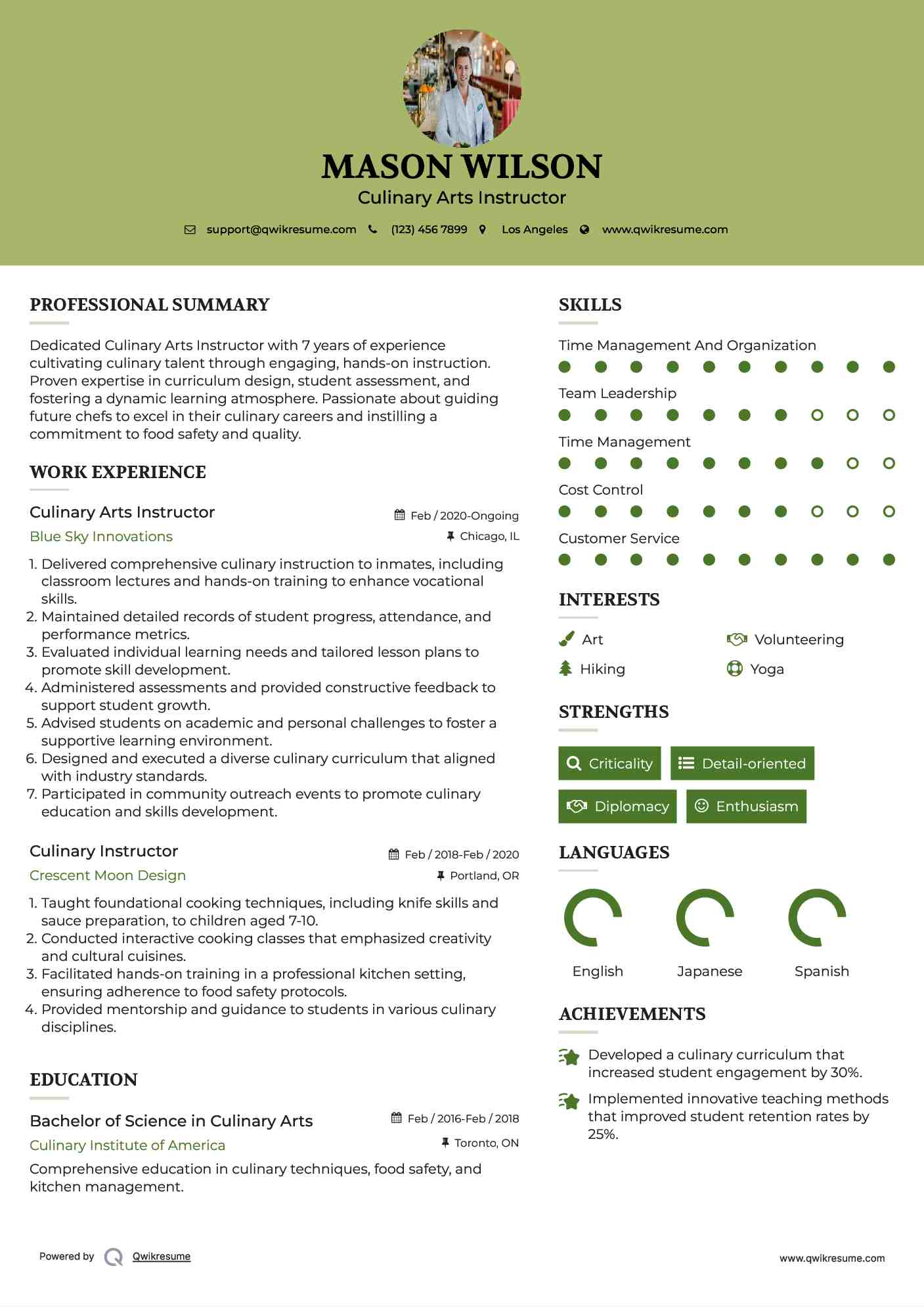 Culinary Arts Instructor Resume Format