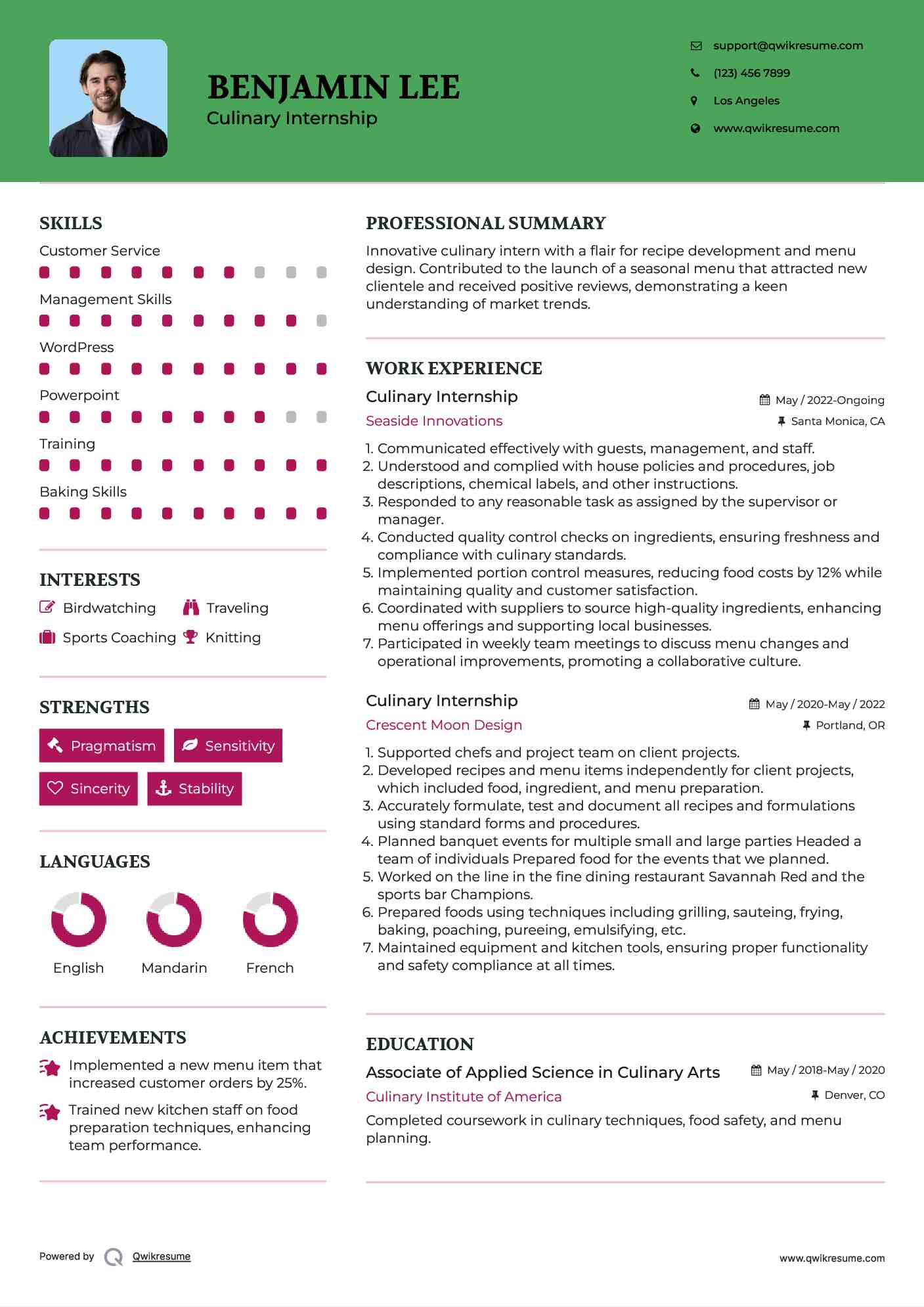 Culinary Internship Resume Sample