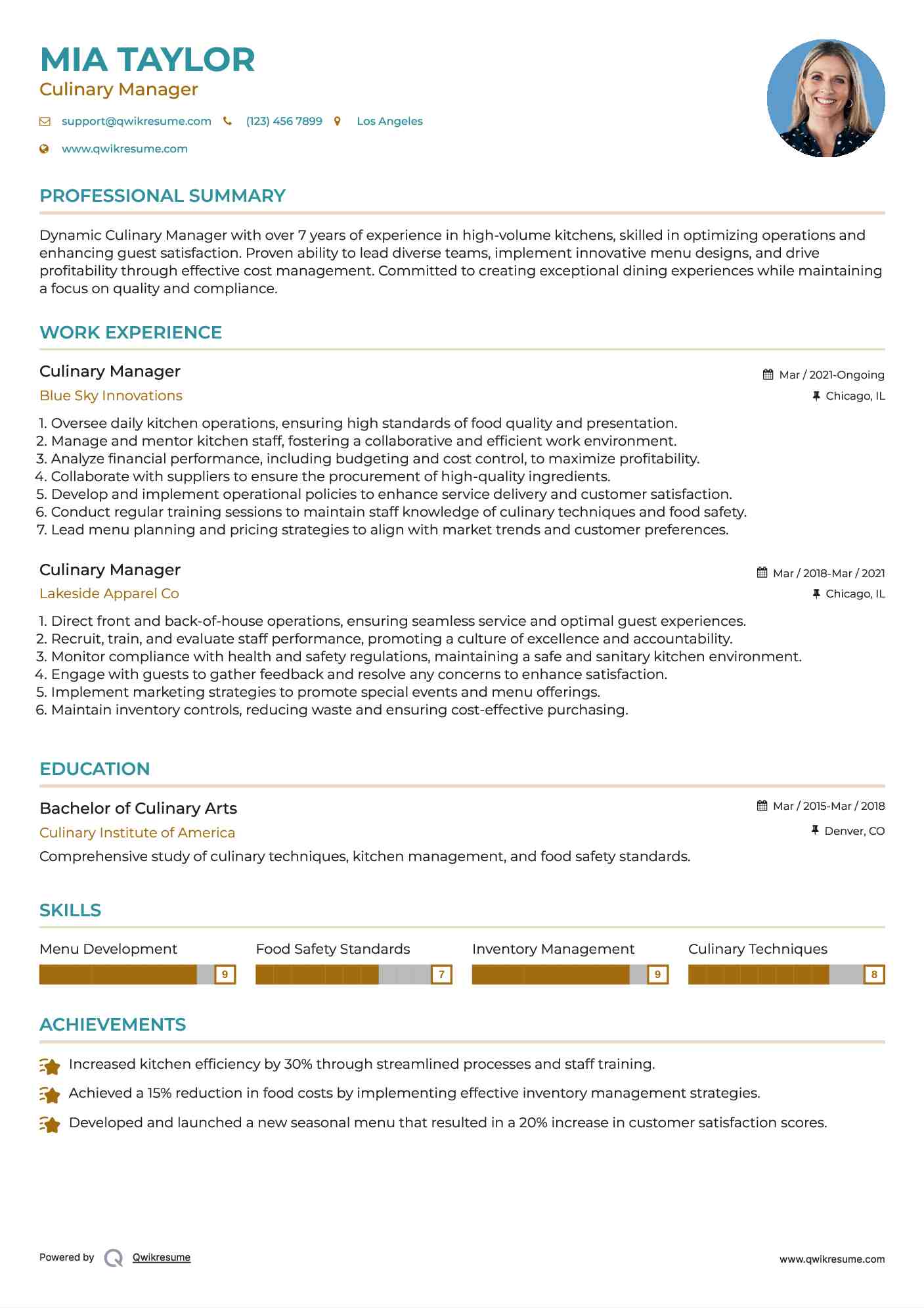 Culinary Manager Resume Template
