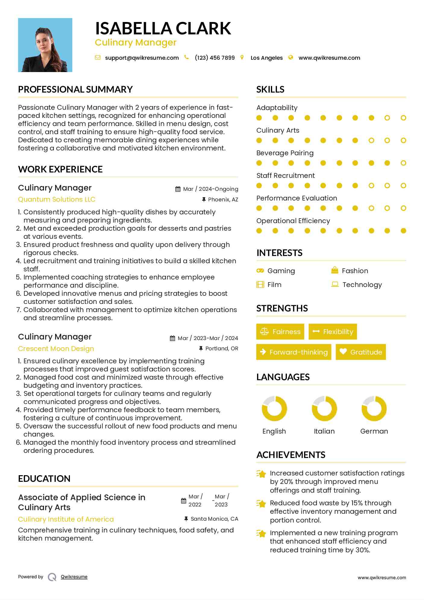 Culinary Manager Resume Template