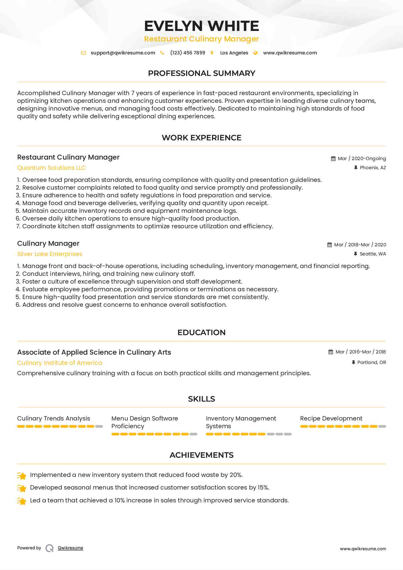 Restaurant Culinary Manager
 Resume Format