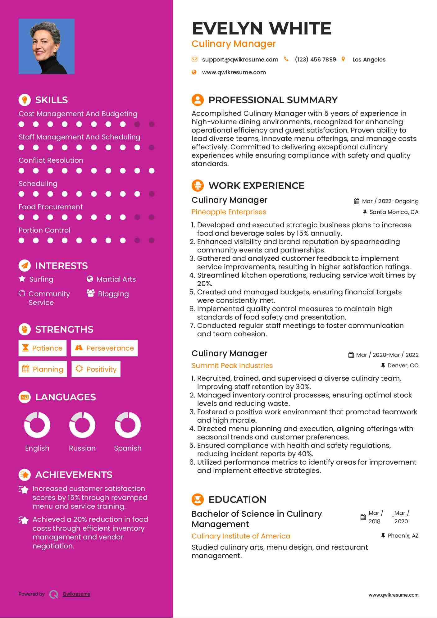 Culinary Manager Resume Sample