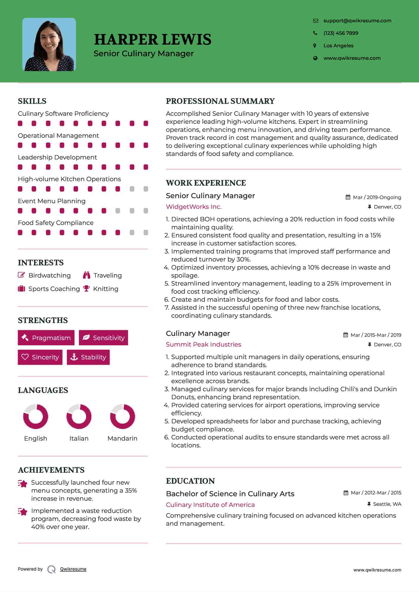 Senior Culinary Manager
 Resume Template