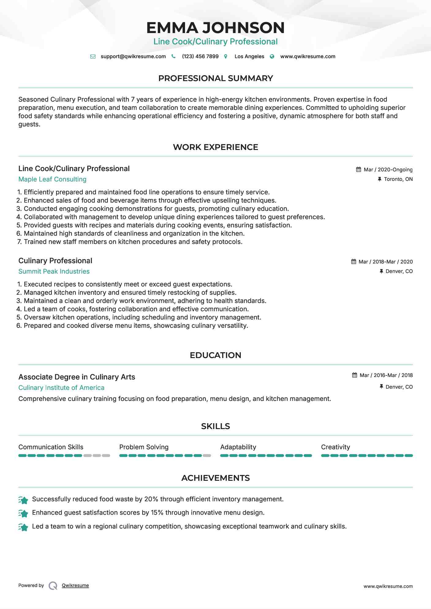 Line Cook/Culinary Professional
 Resume Template