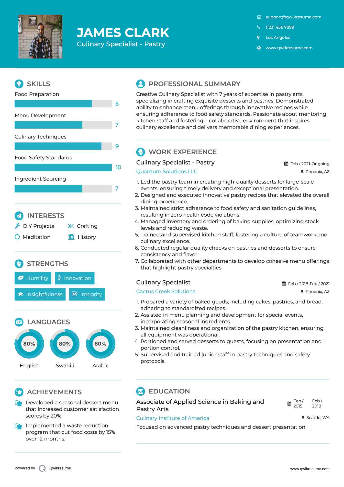 Culinary Specialist - Pastry Resume Sample