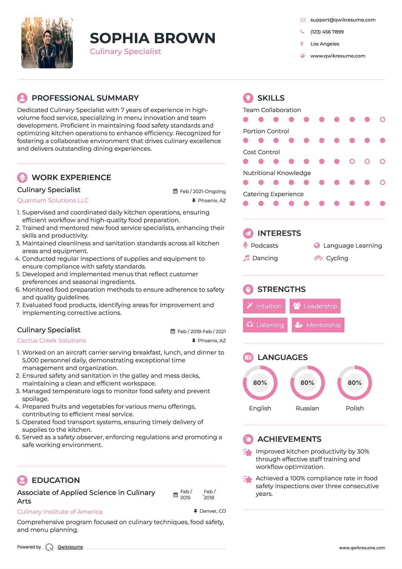 Culinary Specialist Resume Sample