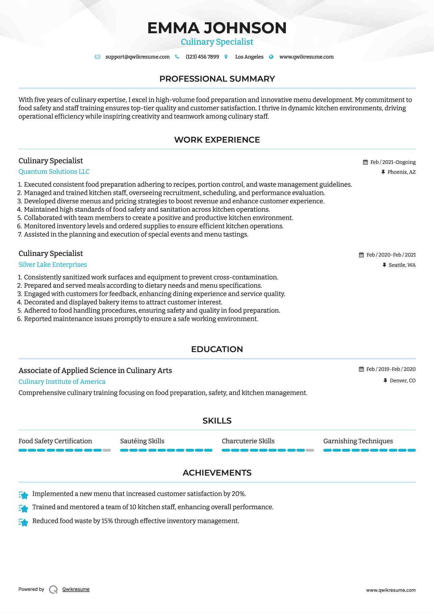 Culinary Specialist Resume Format