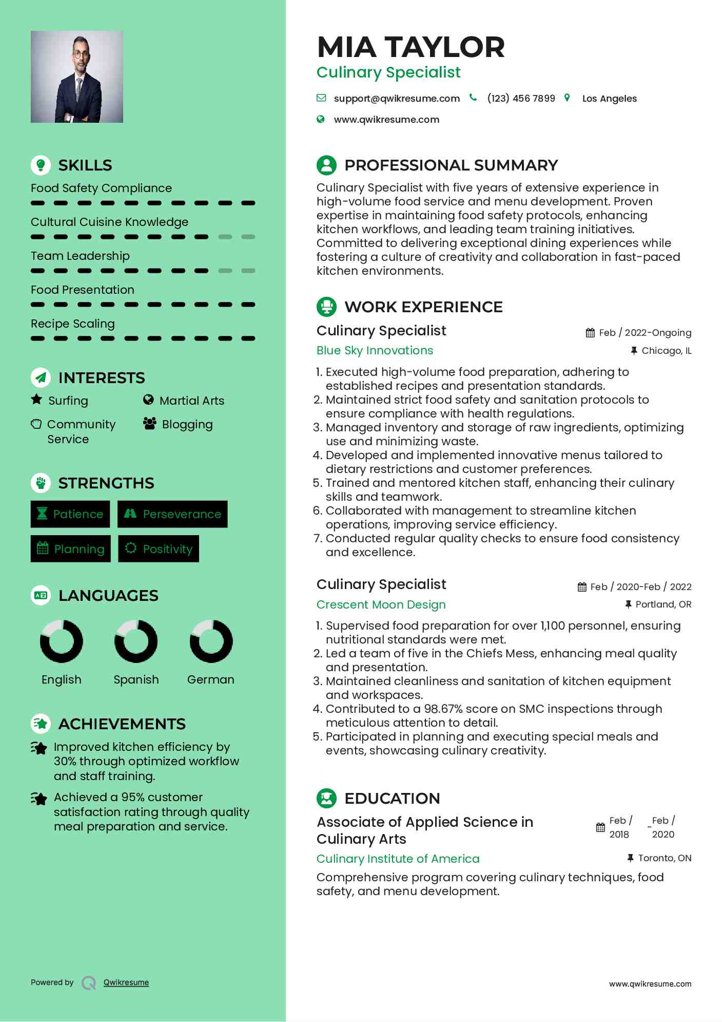 Culinary Specialist Resume Example
