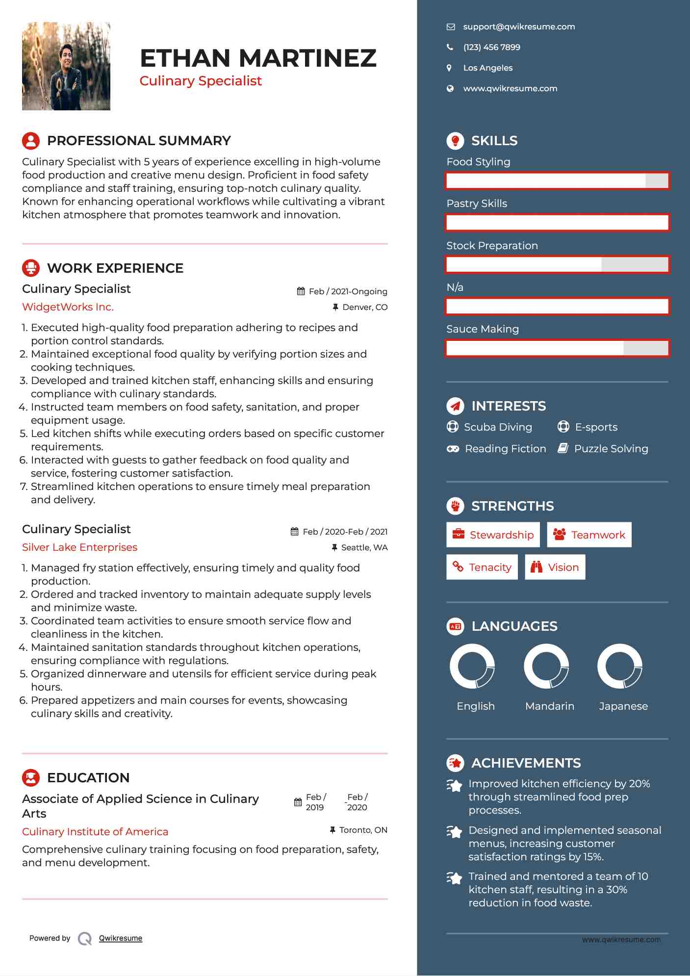 Culinary Specialist Resume Model