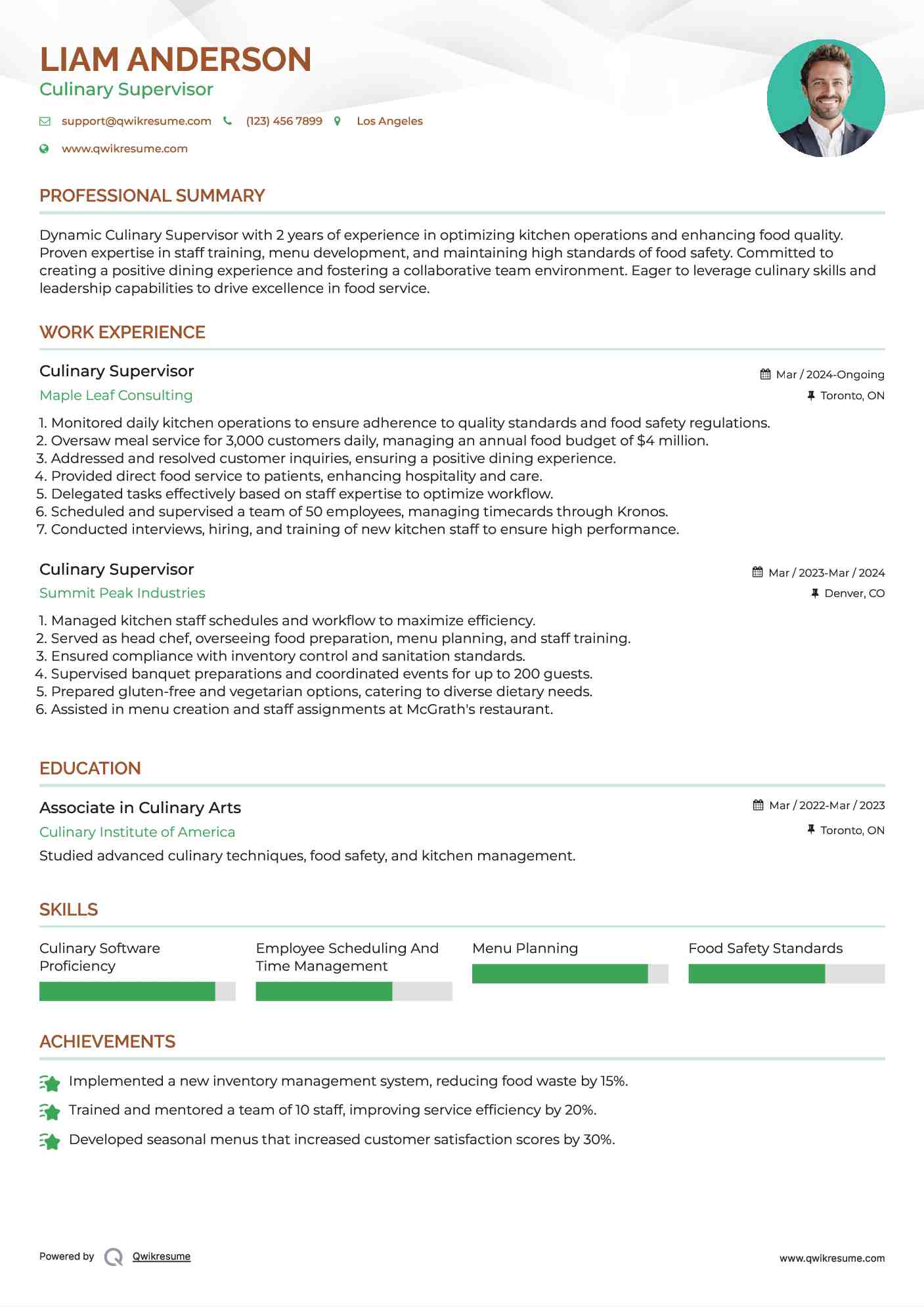 Culinary Supervisor Resume Example