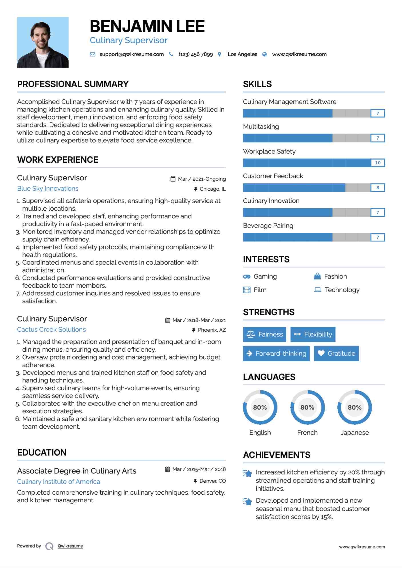 Culinary Supervisor Resume Sample