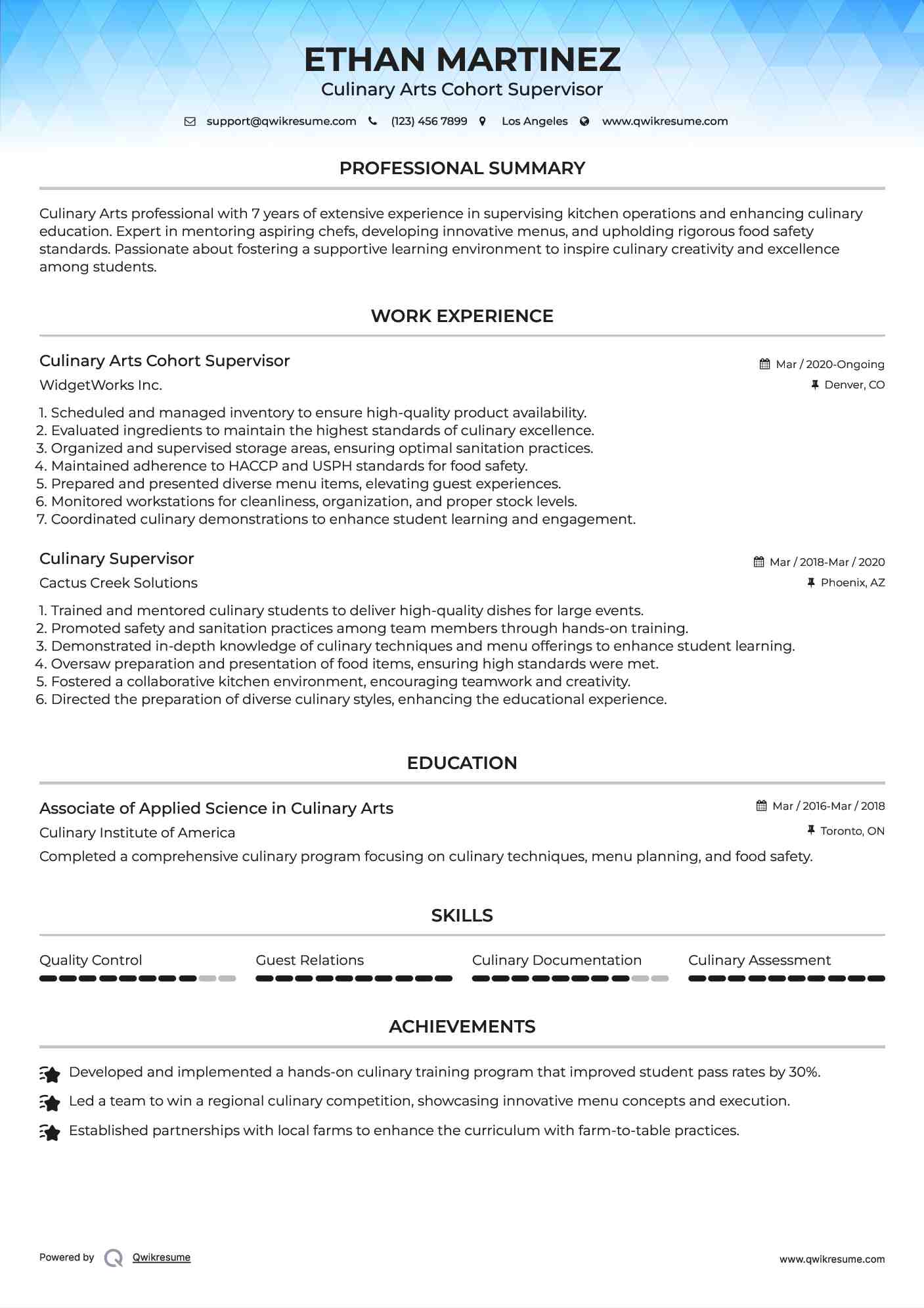 Culinary Arts Cohort Supervisor
 Resume Example