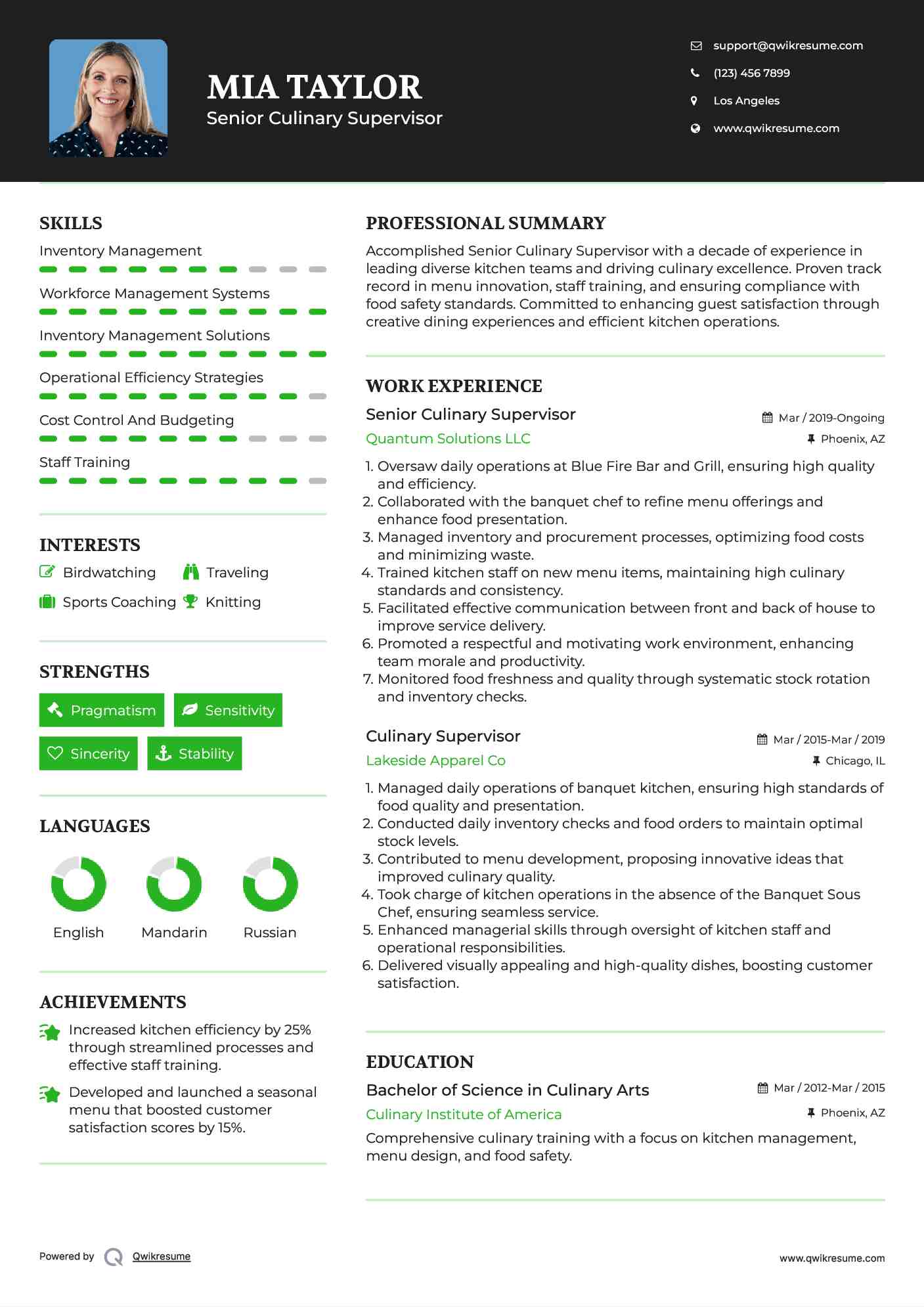 Senior Culinary Supervisor Resume Format