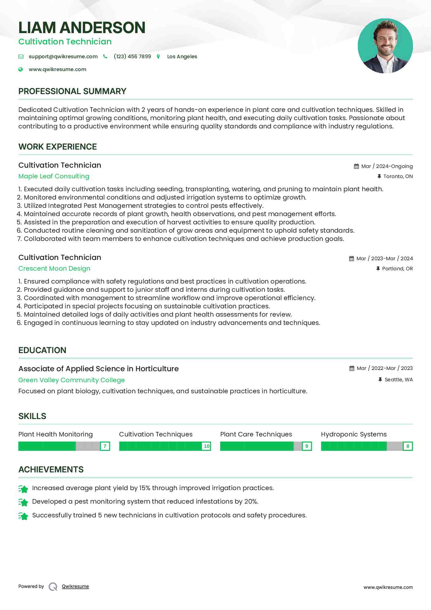 Cultivation Technician Resume Model