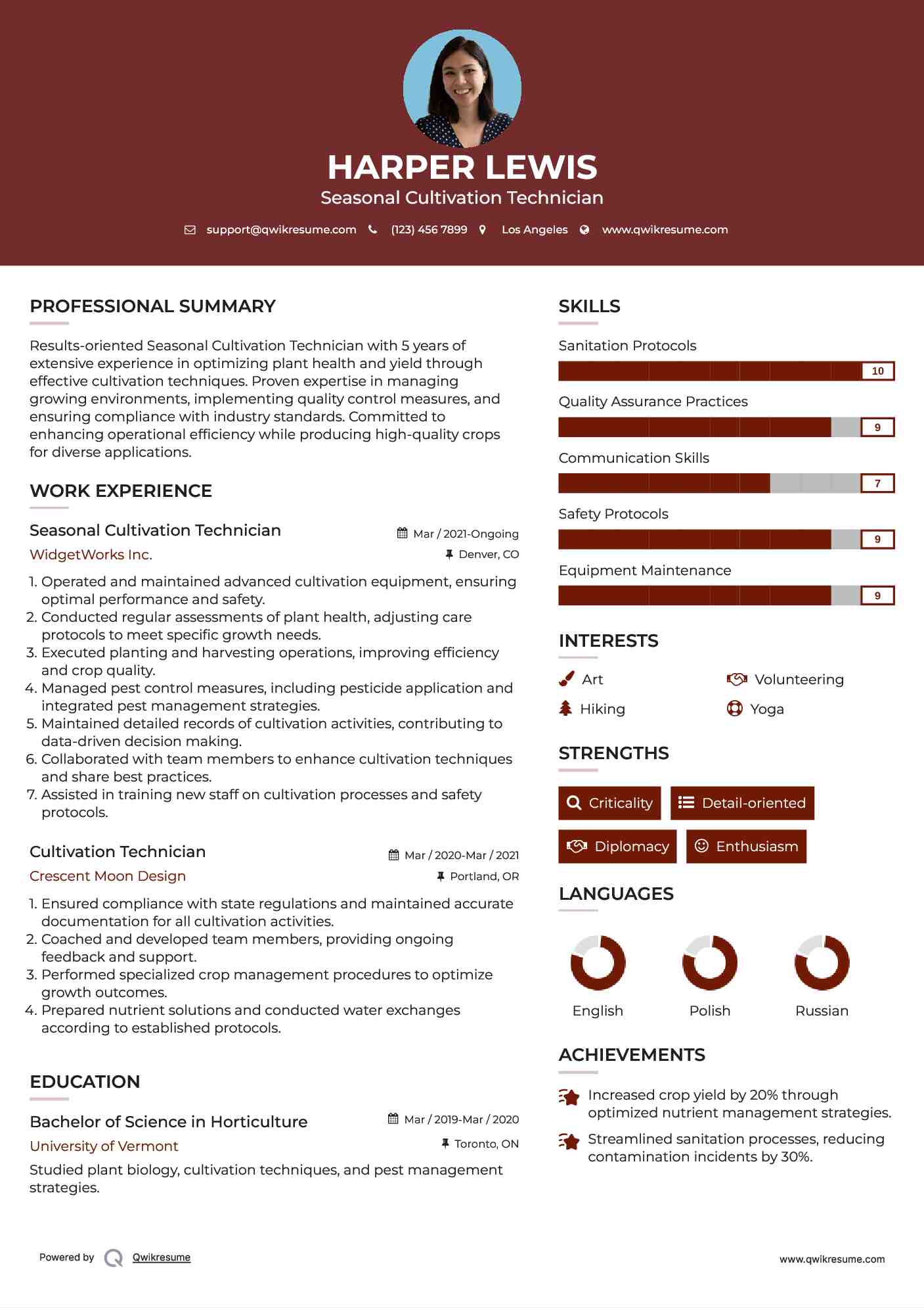 Seasonal Cultivation Technician Resume Format