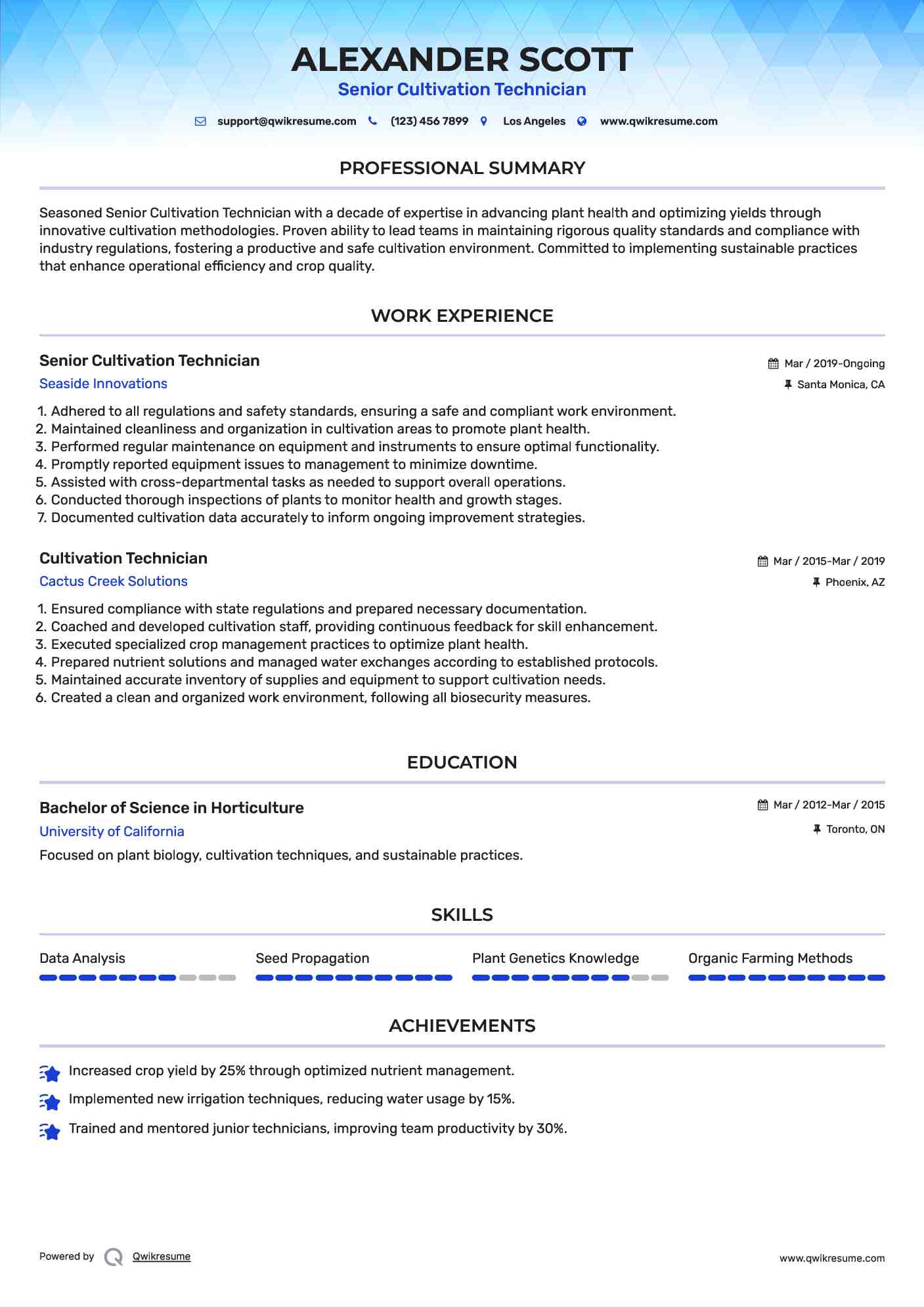 Senior Cultivation Technician Resume Format