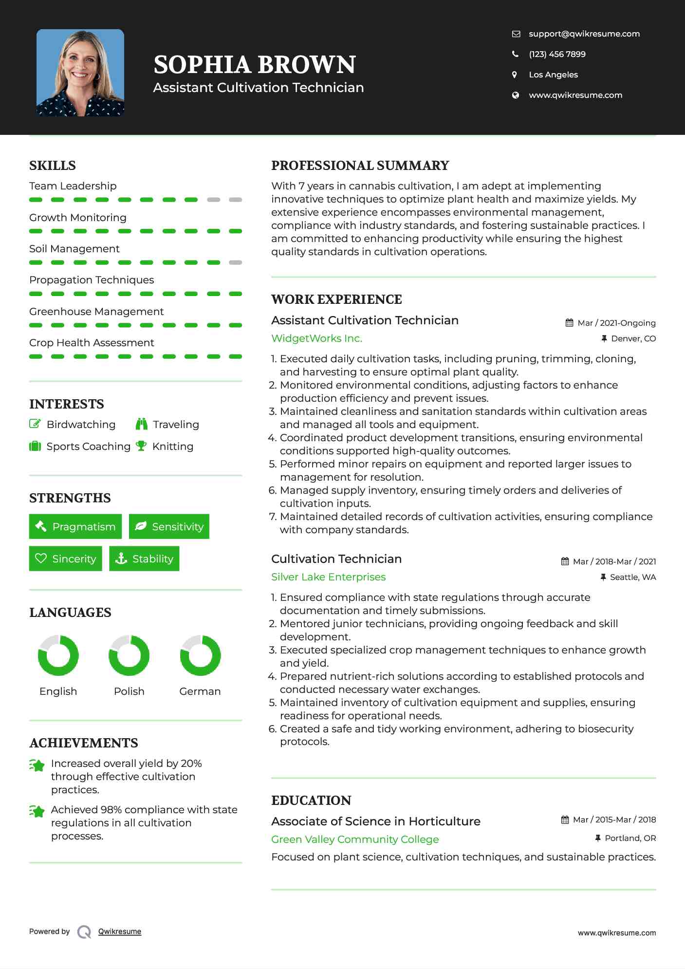 Assistant Cultivation Technician Resume Model