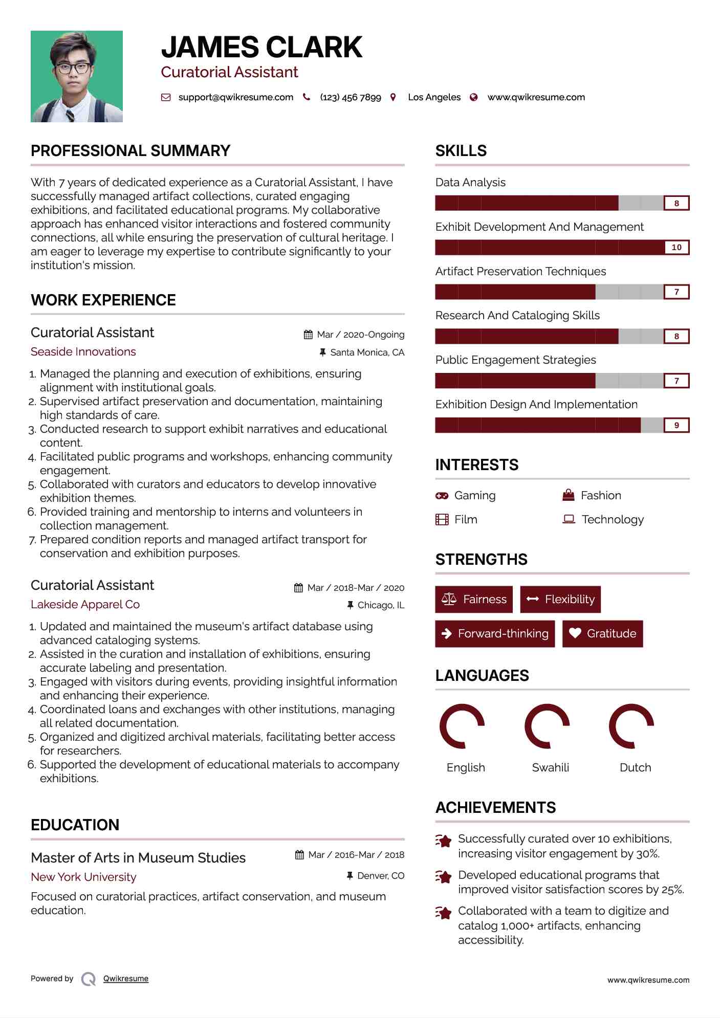 Curatorial Assistant Resume Sample