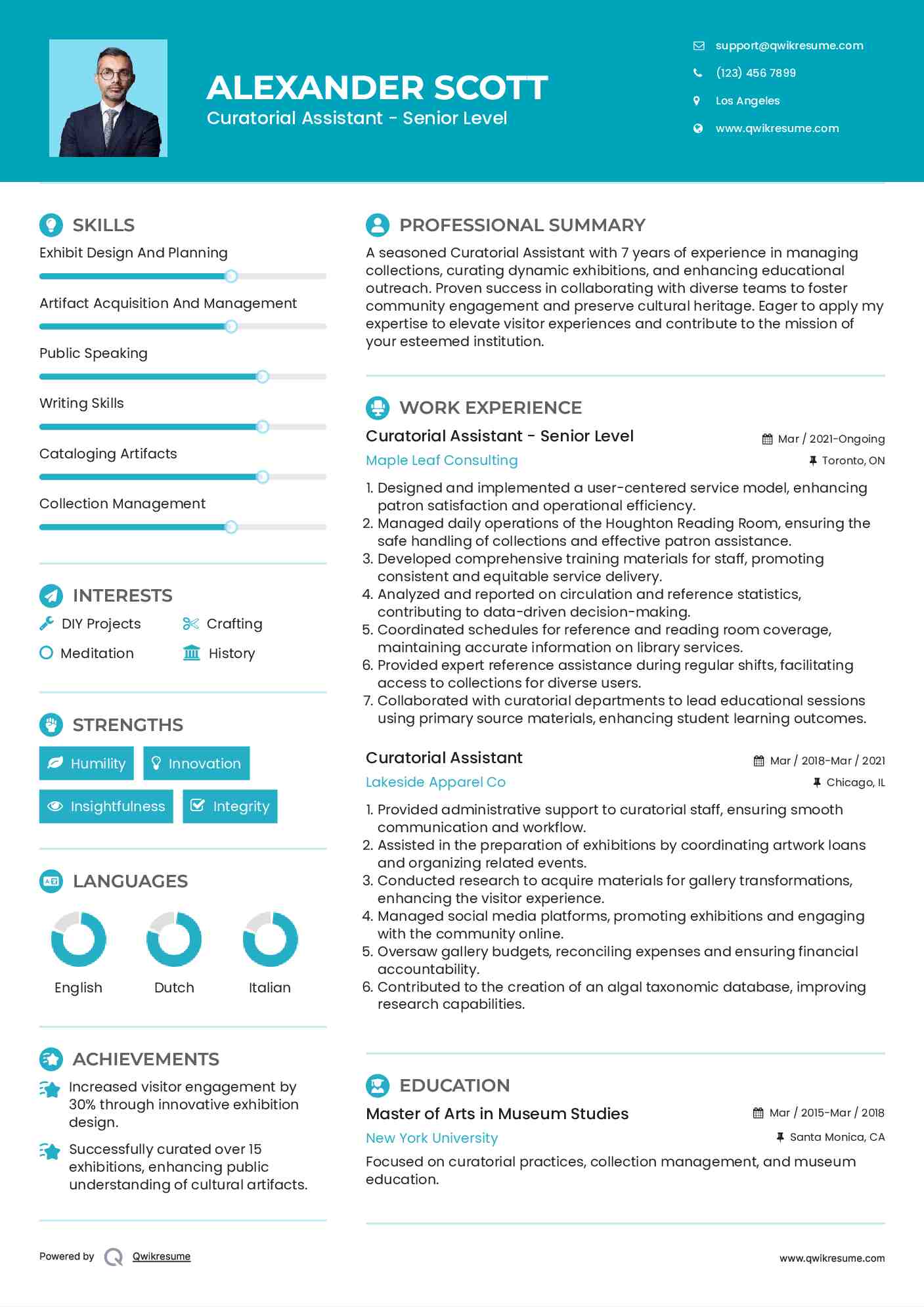 Curatorial Assistant - Senior Level Resume Model