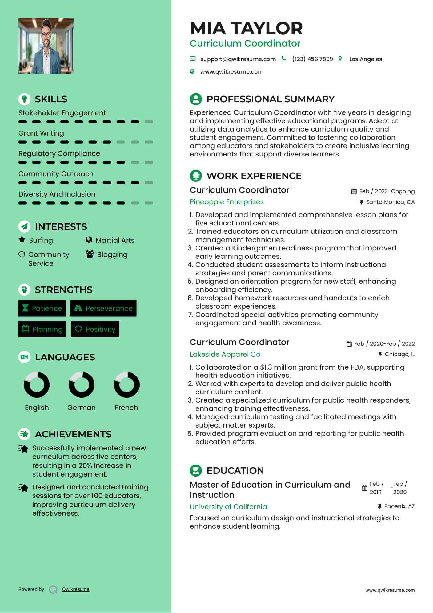 Curriculum Coordinator Resume Sample