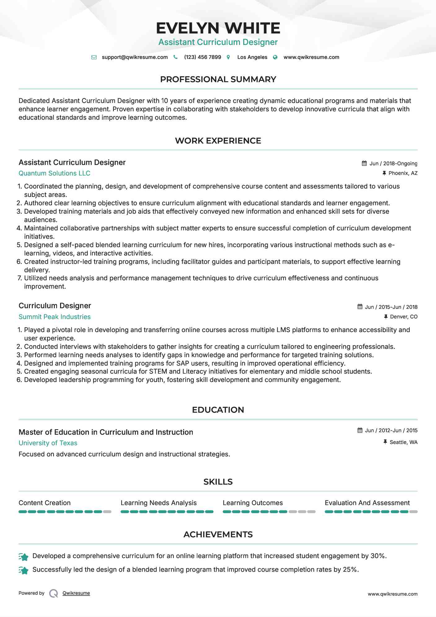 Assistant Curriculum Designer Resume Model