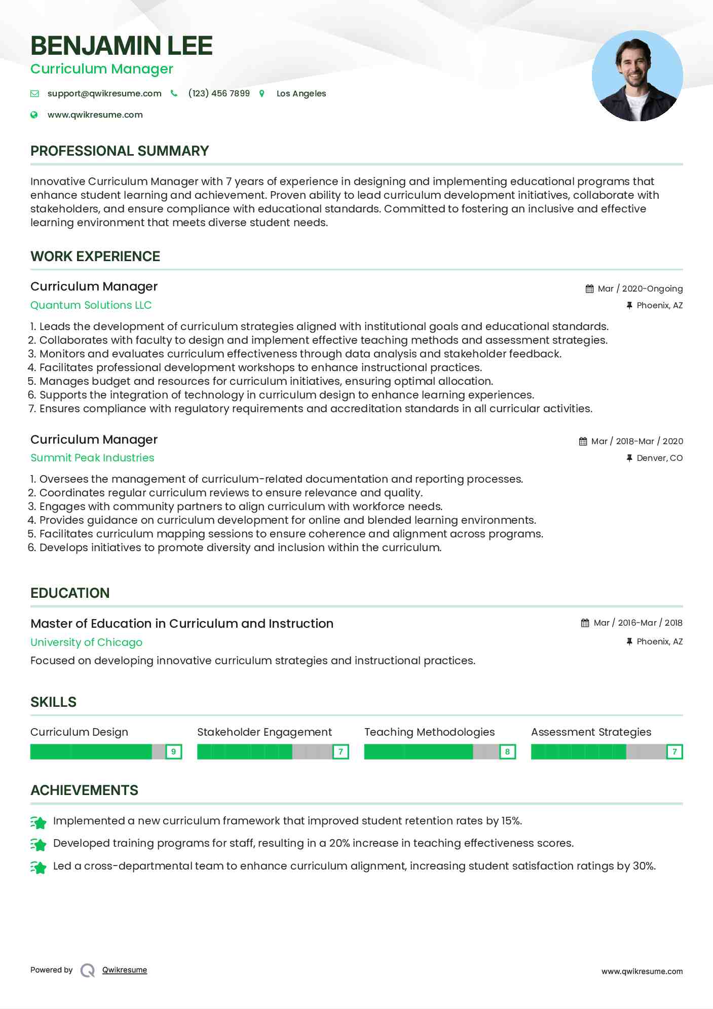 Curriculum Manager Resume Format