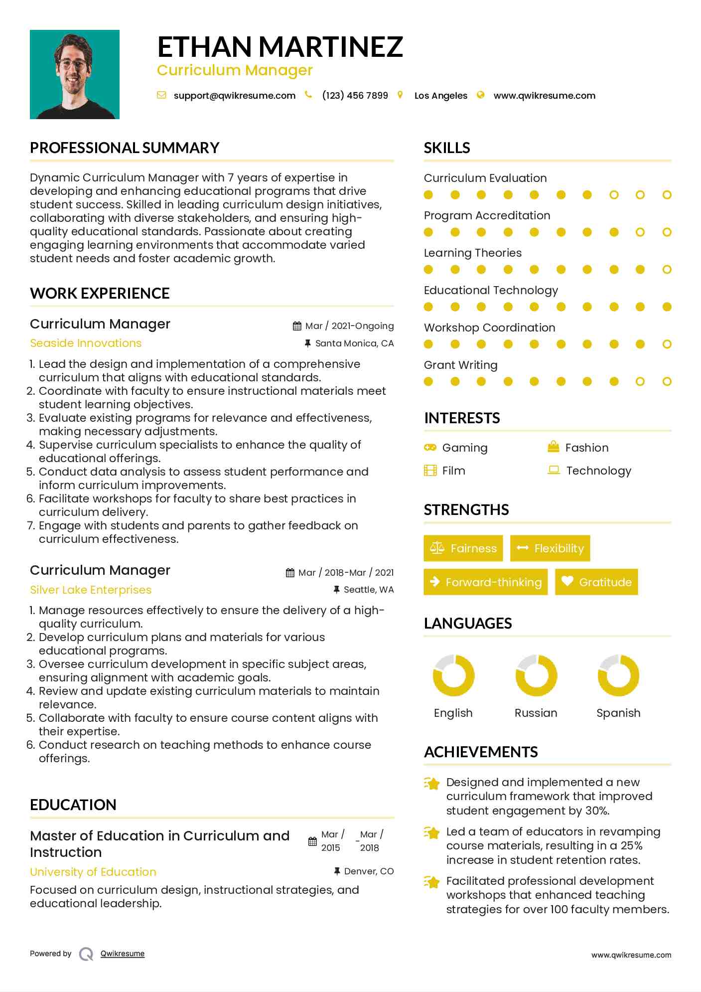 Curriculum Manager Resume Format