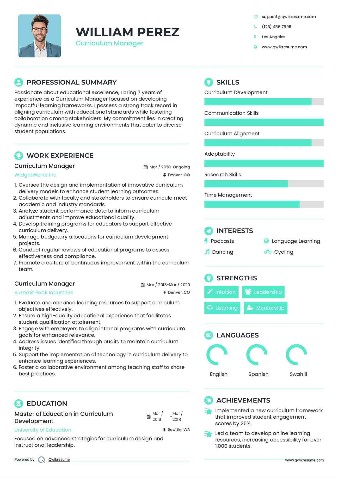 Curriculum Manager Resume Sample