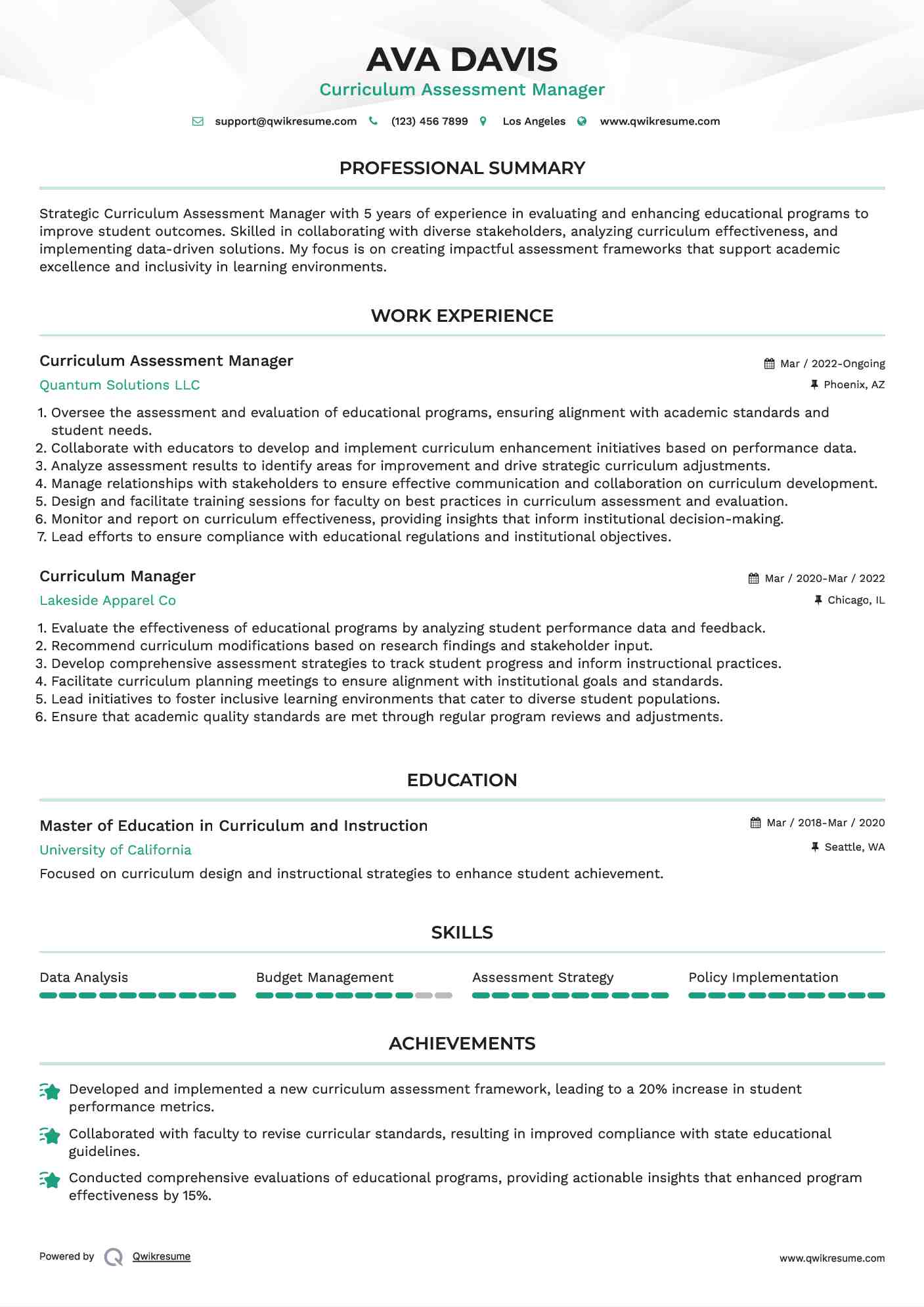 Curriculum Assessment Manager Resume Format