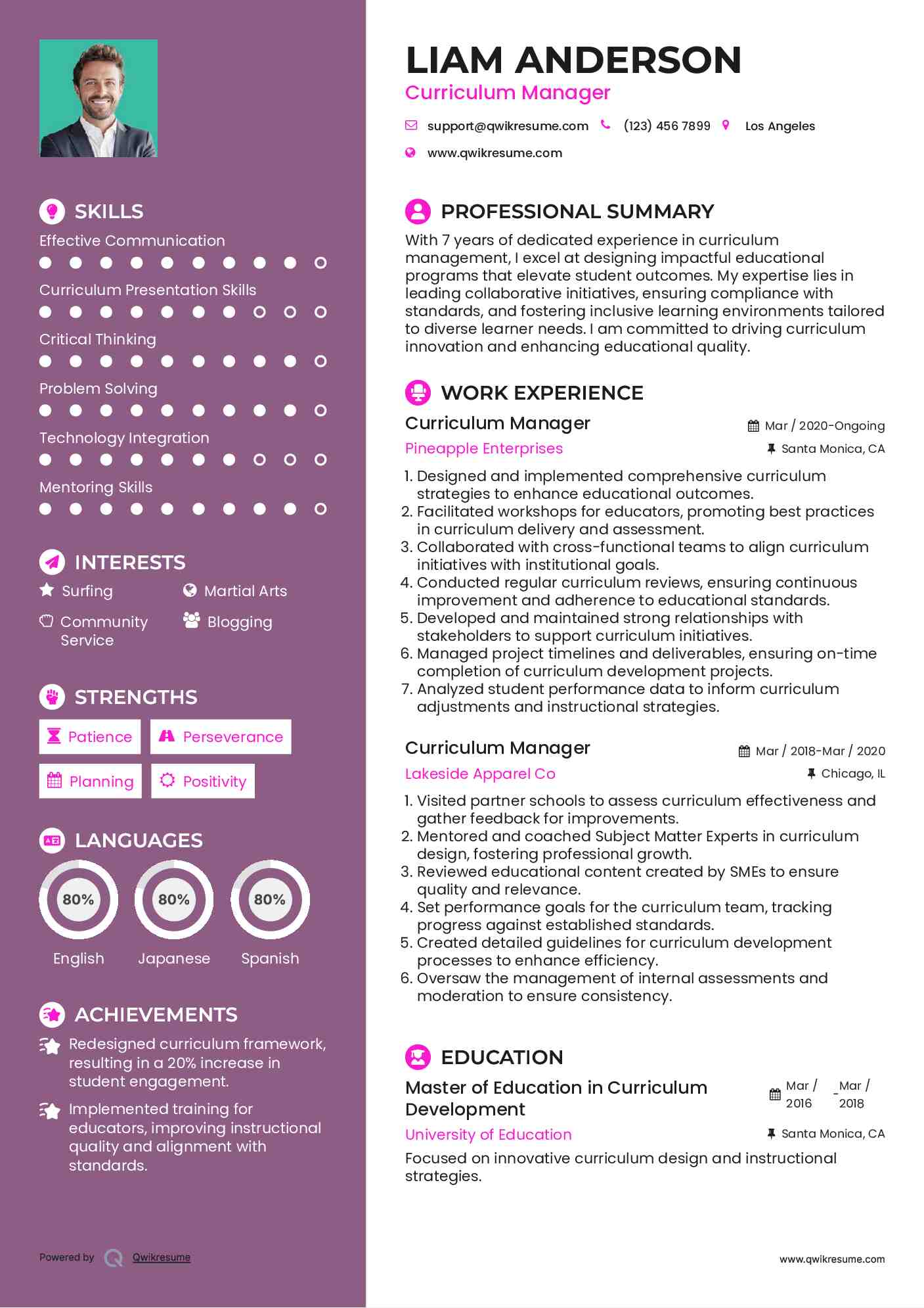 Curriculum Manager Resume Example