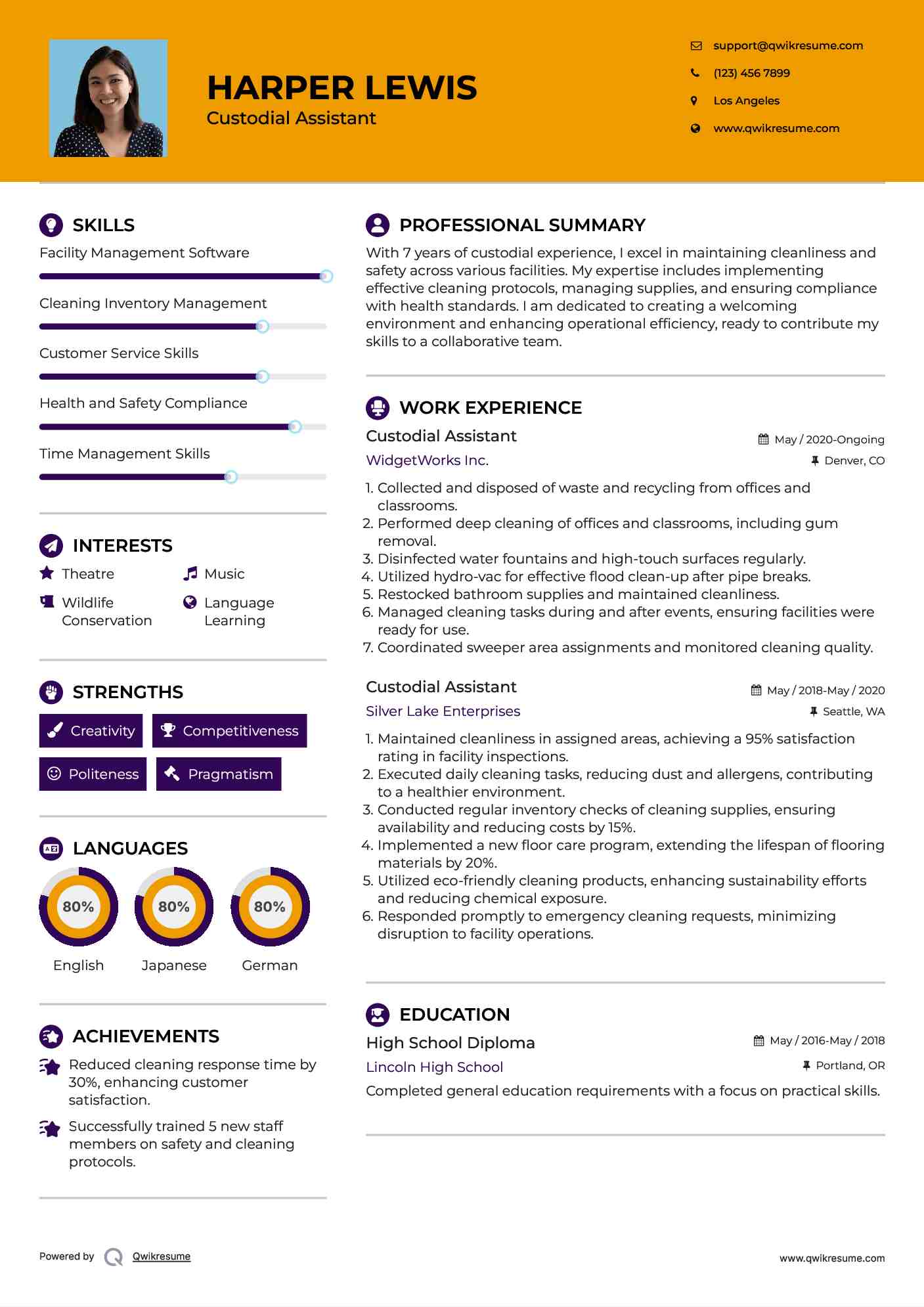 Custodial Assistant Resume Sample