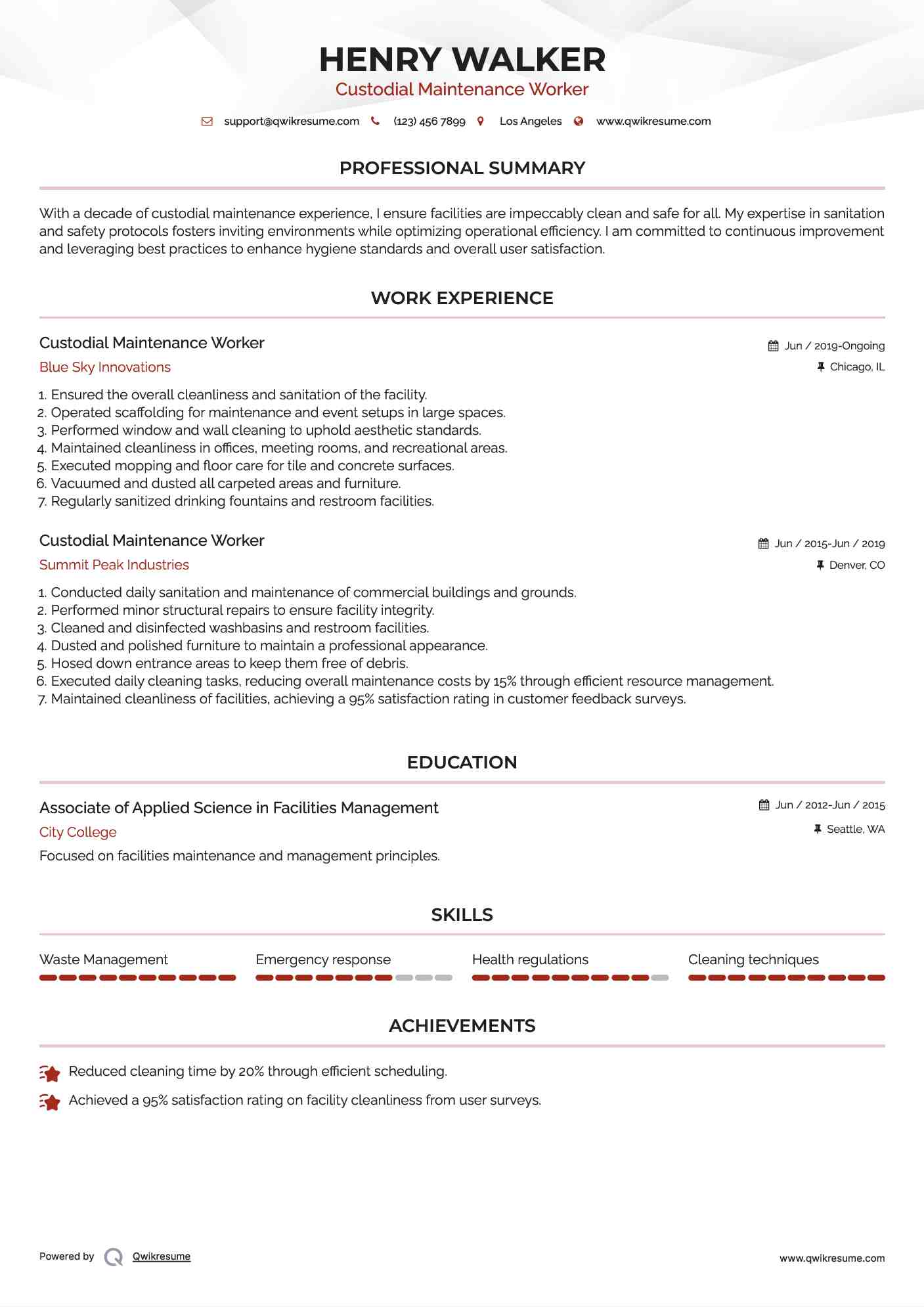 Custodial Maintenance Worker Resume Sample