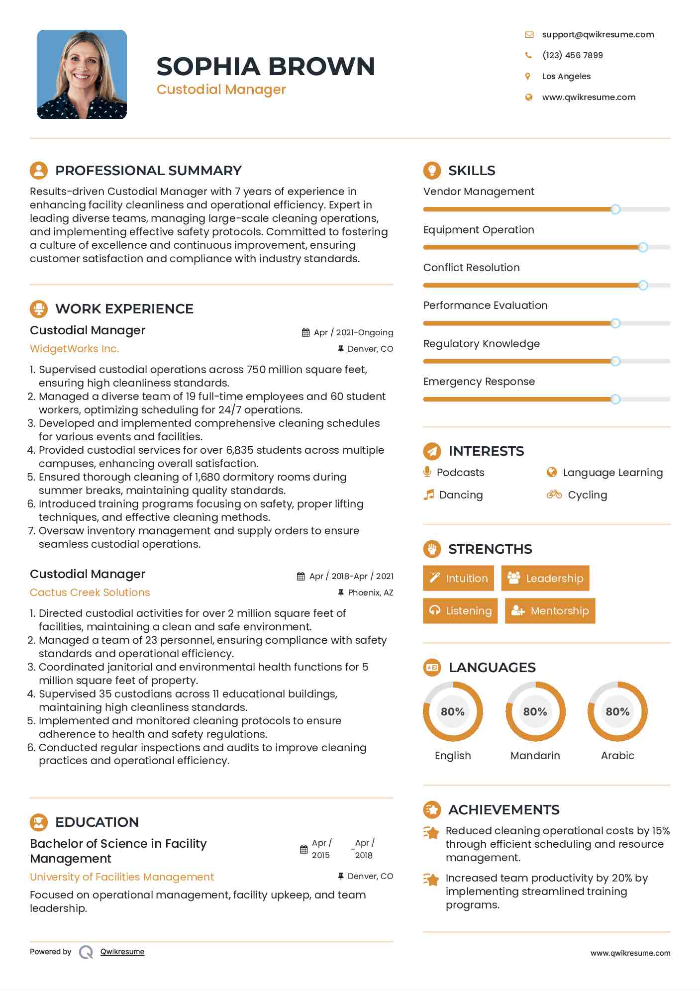 Custodial Manager Resume Sample