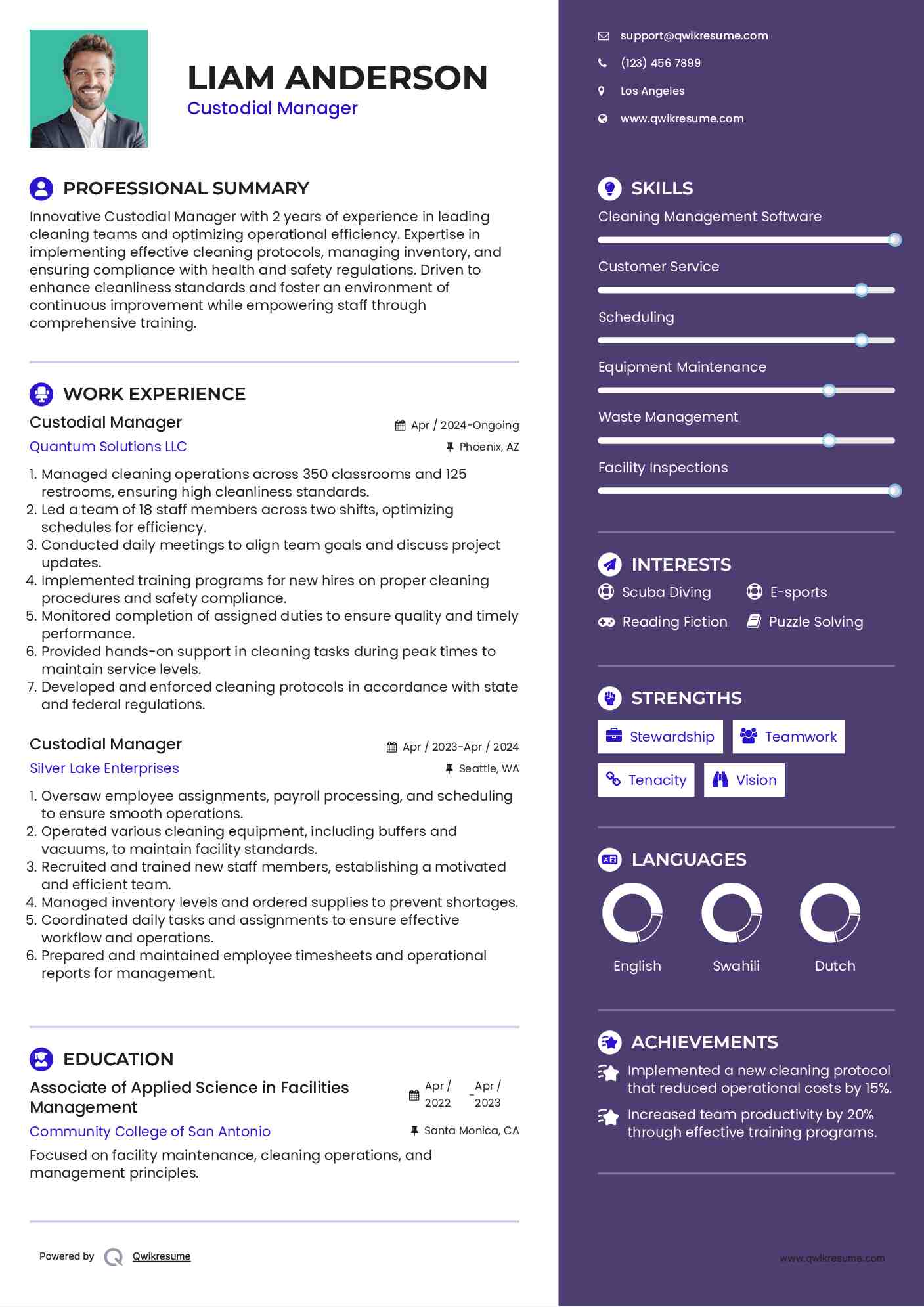 Custodial Manager Resume Format