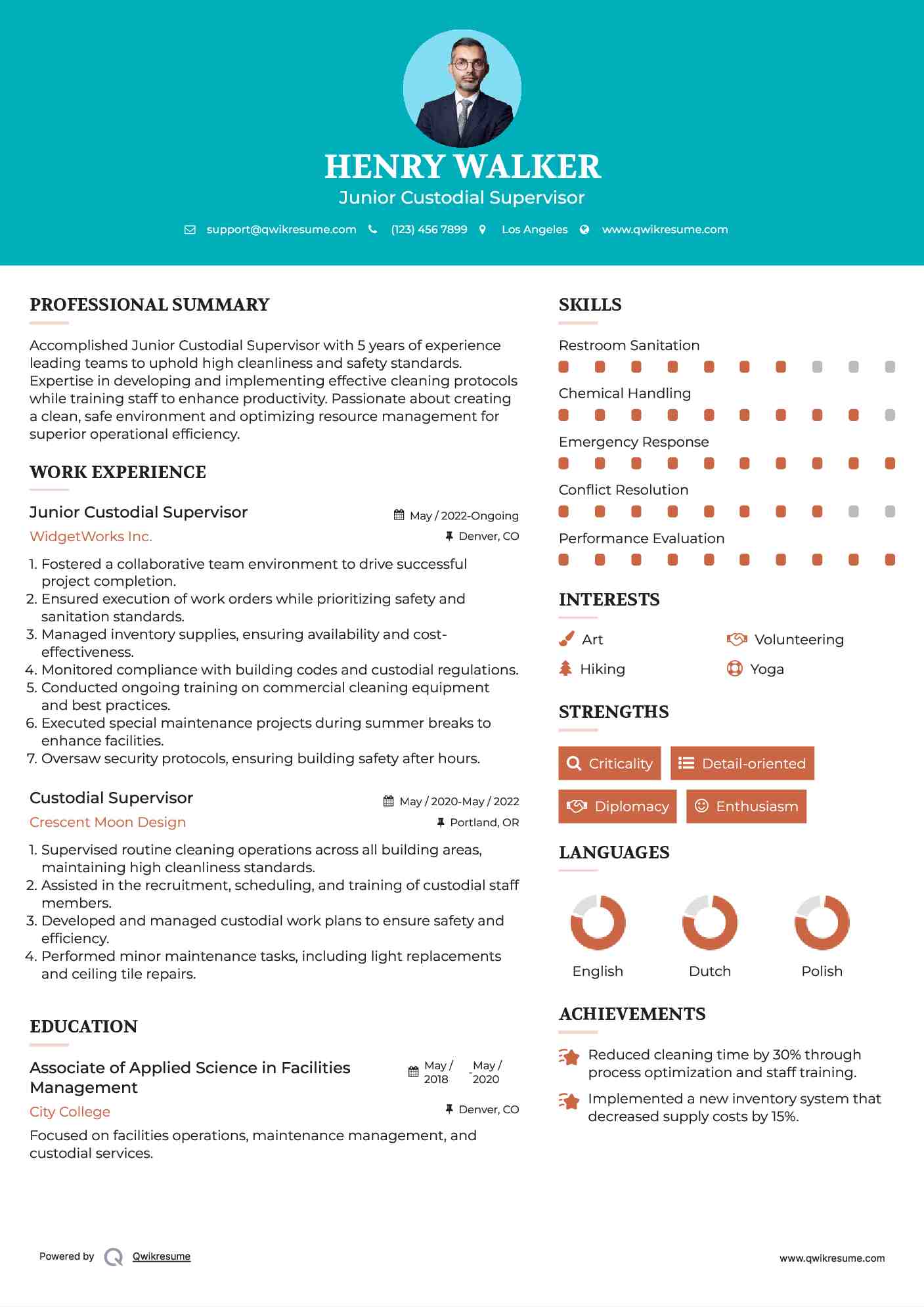 Junior Custodial Supervisor Resume Format