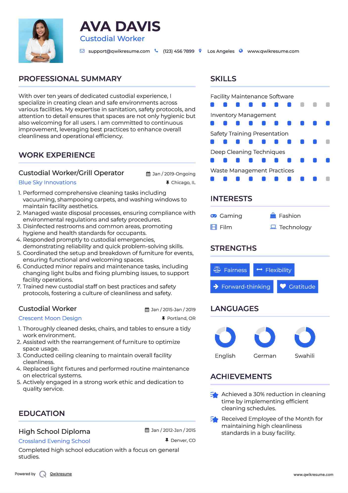 Custodial Worker/Grill Operator Resume Format