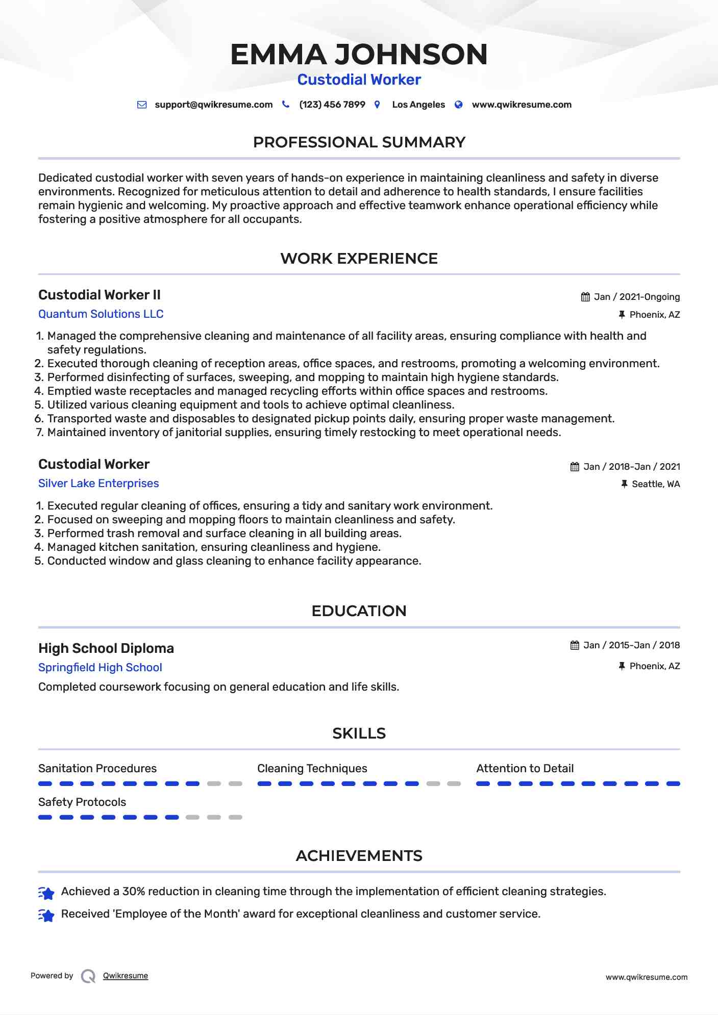 Custodial Worker II Resume Format